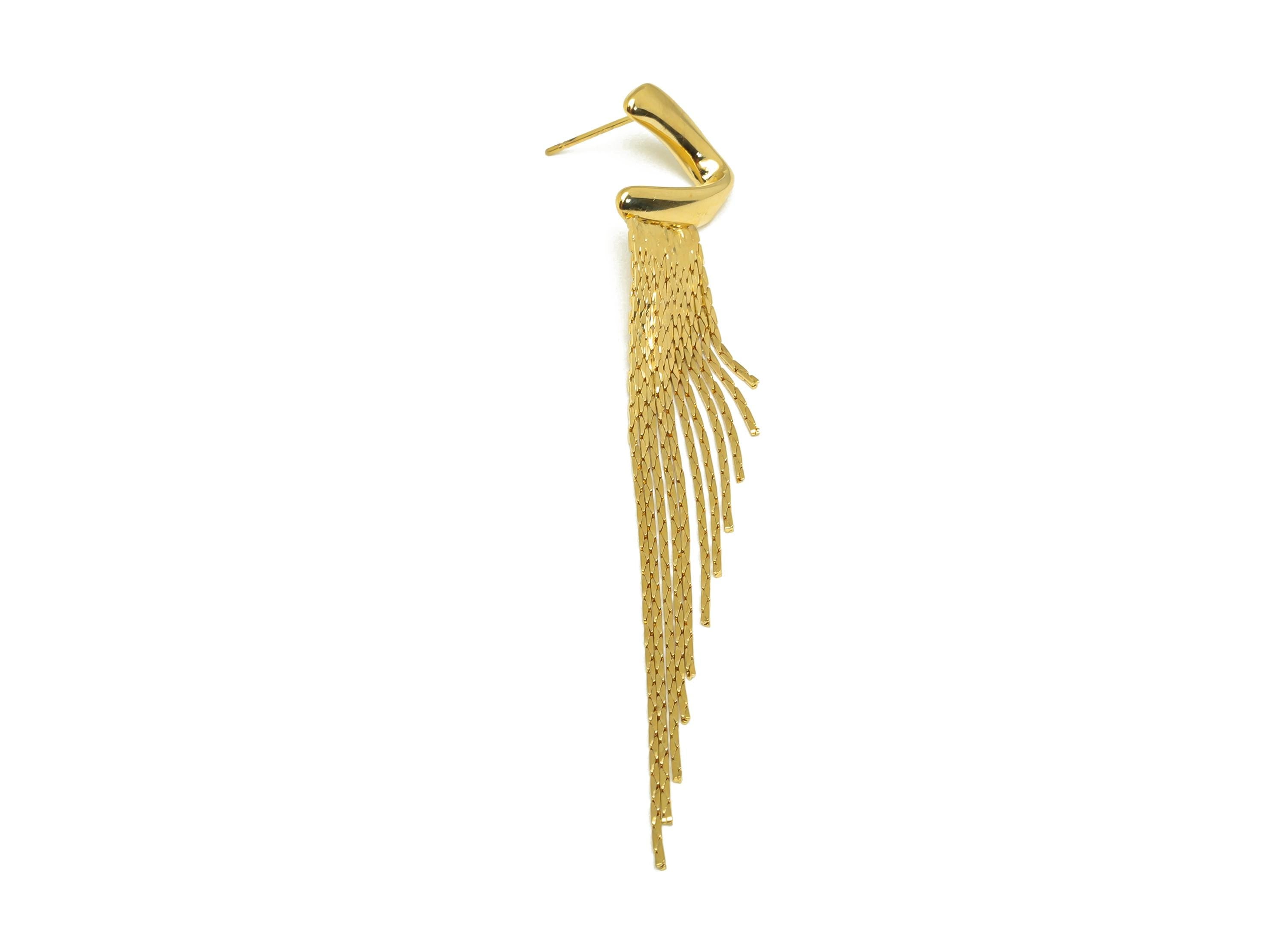 Brass Snake Chain Earring - Gold C Wave Tassel Earring Stud - Twisted Wave Snake Chain Earring Post - 18K Real Gold Plating - 85mm - RGP7698 - DOMEDBAZAAR