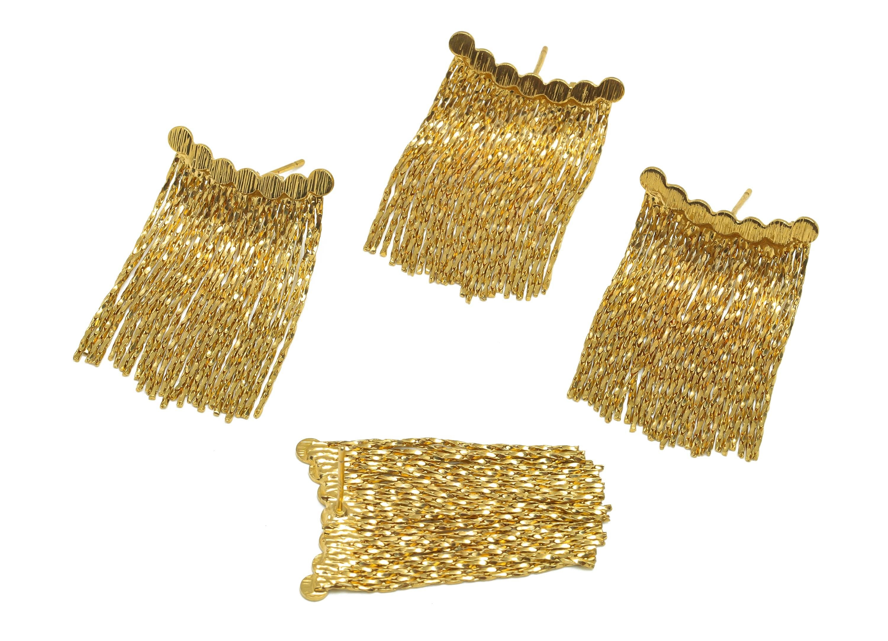 Brass Snake Chain Earring - Gold Beads Bar Tassel Earring Stud - Textured Curved Snake Chain Ear Post - 18K Real Gold Plated -30mm - RGP7699 - DOMEDBAZAAR