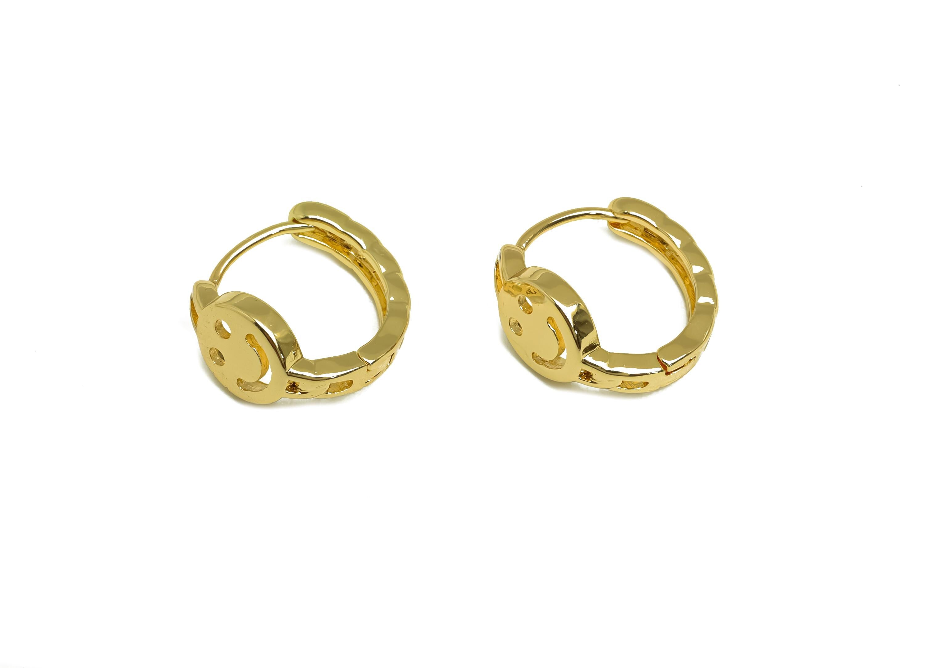 Brass Chain Hoop Earring - Brass Hoop Huggie Earring - Happy Face Hoop Clasp Earring - 18K Real Gold Plating - 13.91x13.4x7.7mm - RGP8161 - DOMEDBAZAAR