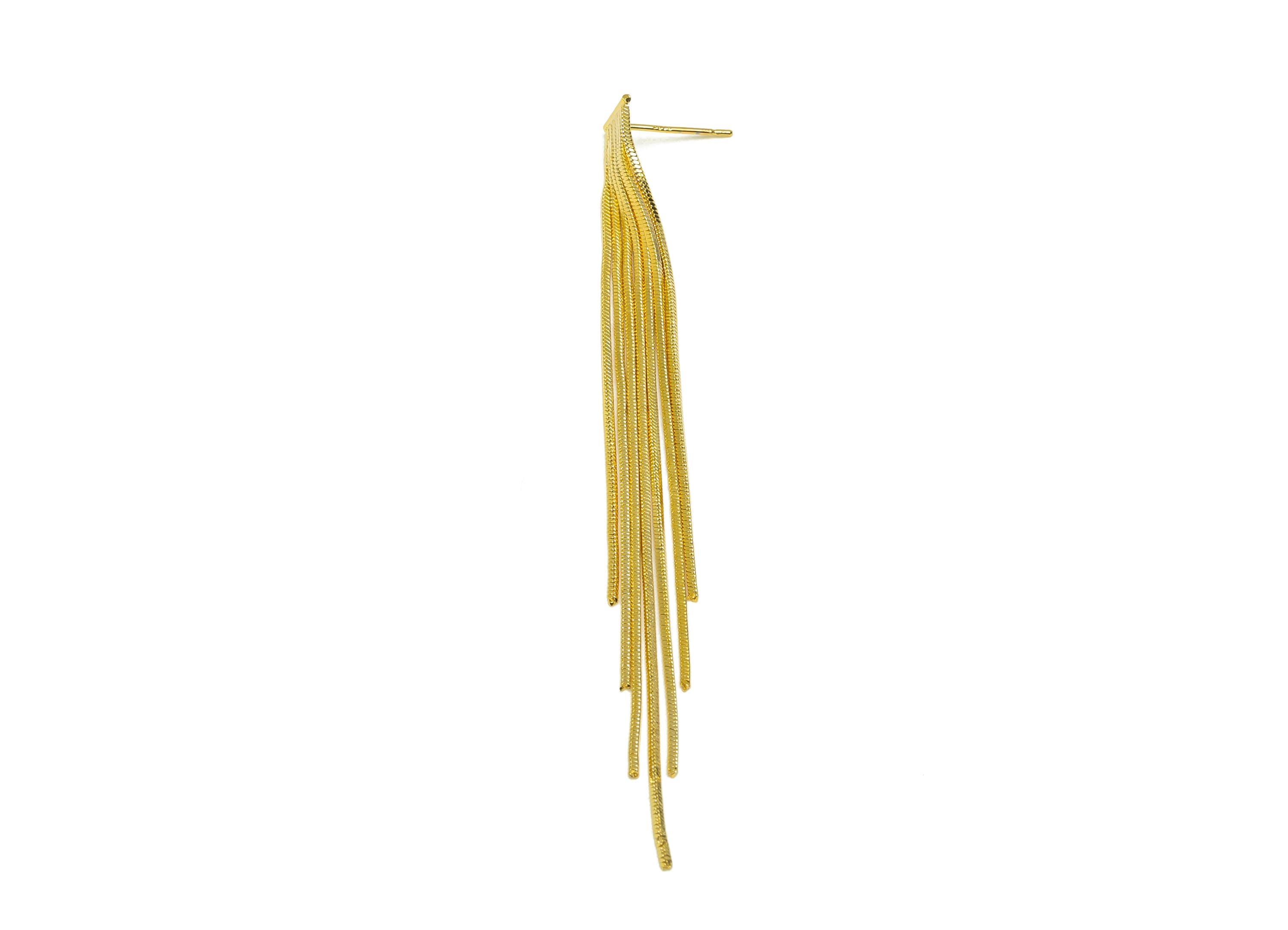 Brass Snake Chain Earring - Gold Long Chain Tassel Earring Stud - Snake Chain Tassel Earring Post - 18K Real Gold Plating - 100mm - RGP7704 - DOMEDBAZAAR
