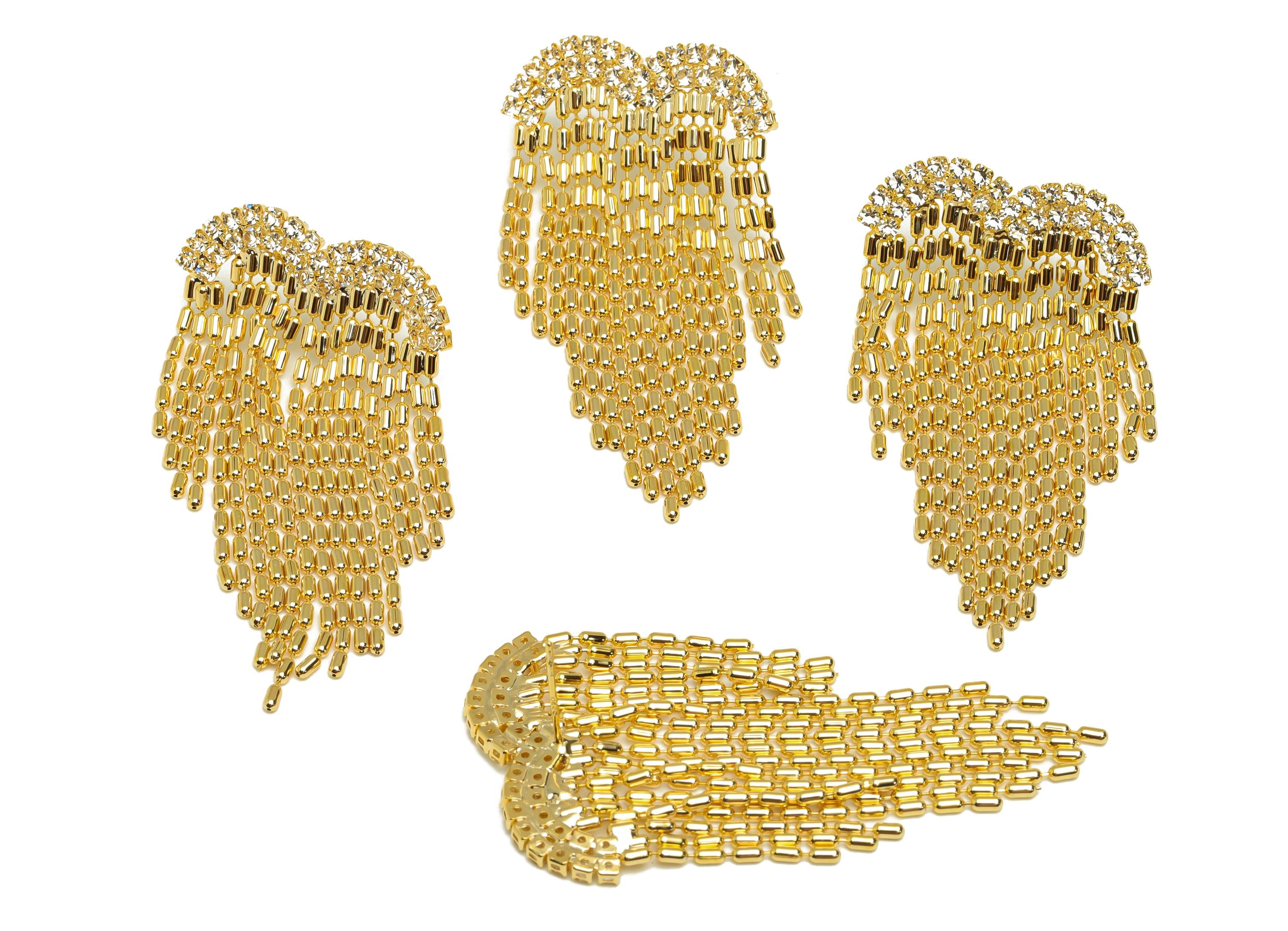 Brass Wings Tassel Ear - Heart Zircon Cylinder Beads Chian Ear Post - Gold Wings Tassel Earring Stud - 18K Real Gold Plated - 56mm - RGP7705 - DOMEDBAZAAR