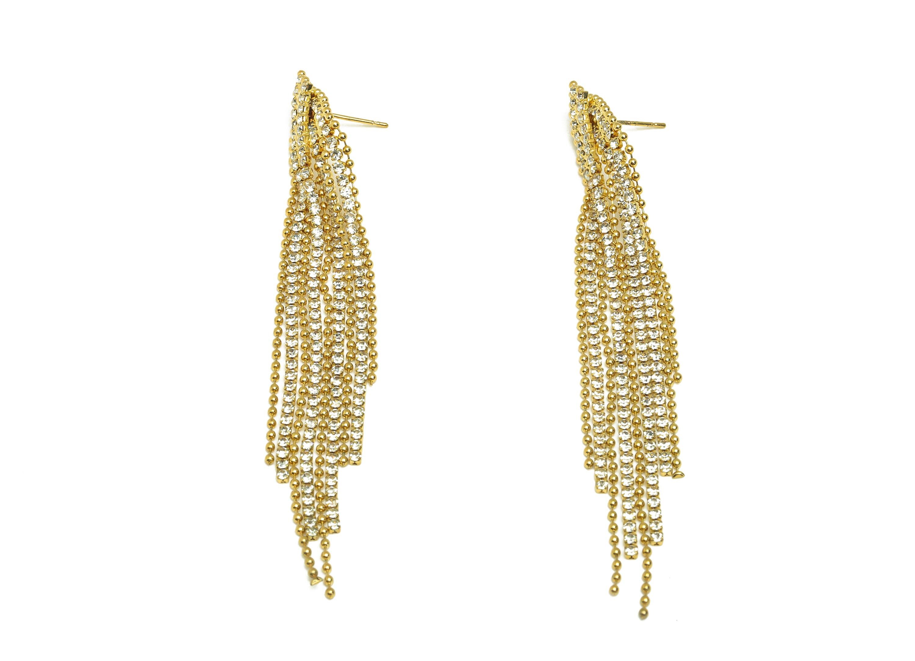 Brass Beads Chain Earring - Gold Square Beads Chain Tassel Ear Stud - Zircon Chain Tassel Ear Post - 18K Real Gold Plating - 95mm - RGP7707 - DOMEDBAZAAR