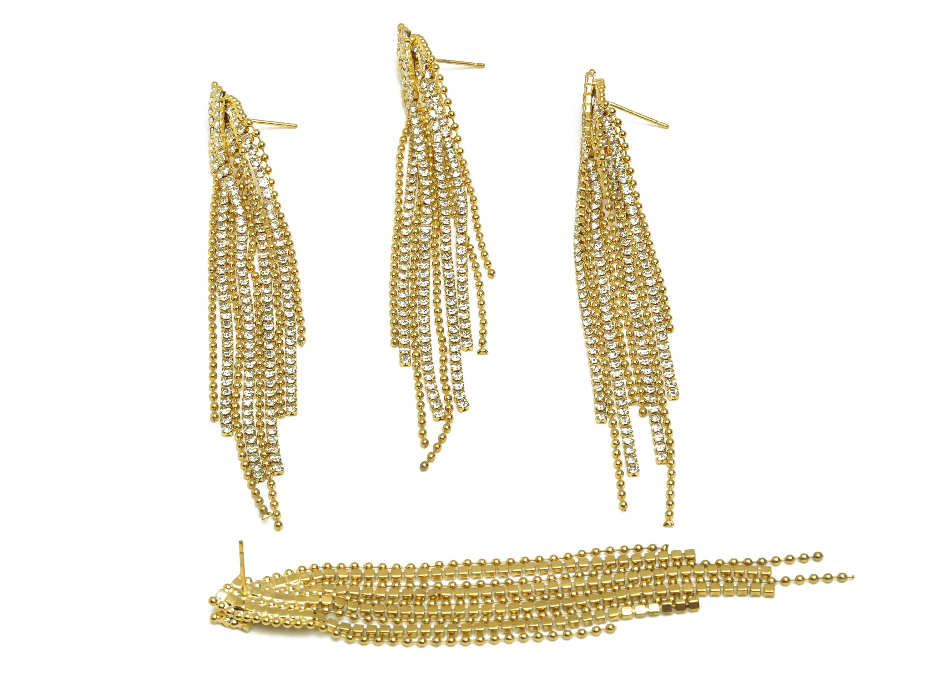 Brass Beads Chain Earring - Gold Square Beads Chain Tassel Ear Stud - Zircon Chain Tassel Ear Post - 18K Real Gold Plating - 95mm - RGP7707 - DOMEDBAZAAR