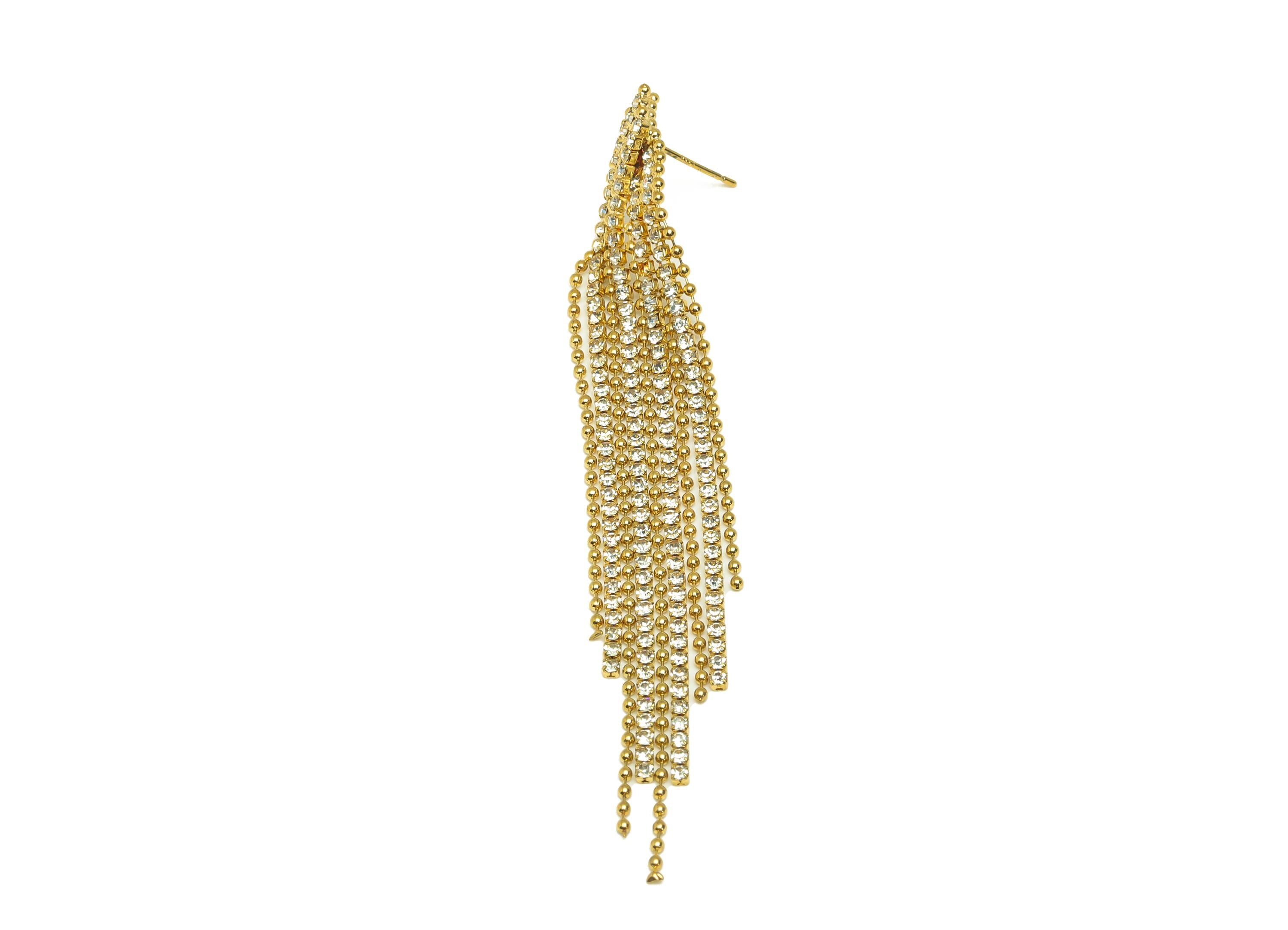Brass Beads Chain Earring - Gold Square Beads Chain Tassel Ear Stud - Zircon Chain Tassel Ear Post - 18K Real Gold Plating - 95mm - RGP7707 - DOMEDBAZAAR