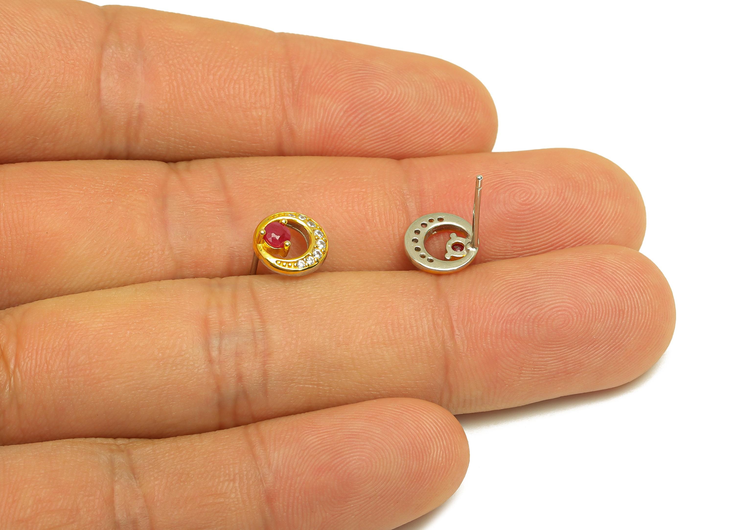 Ruby Gemstone Silver Earring Post - Zircon Crystal Earring Post - Natural Stone Stud - 18K Real Gold Plated Silver - 14x8x3.34mm - RGP7371 - DOMEDBAZAAR