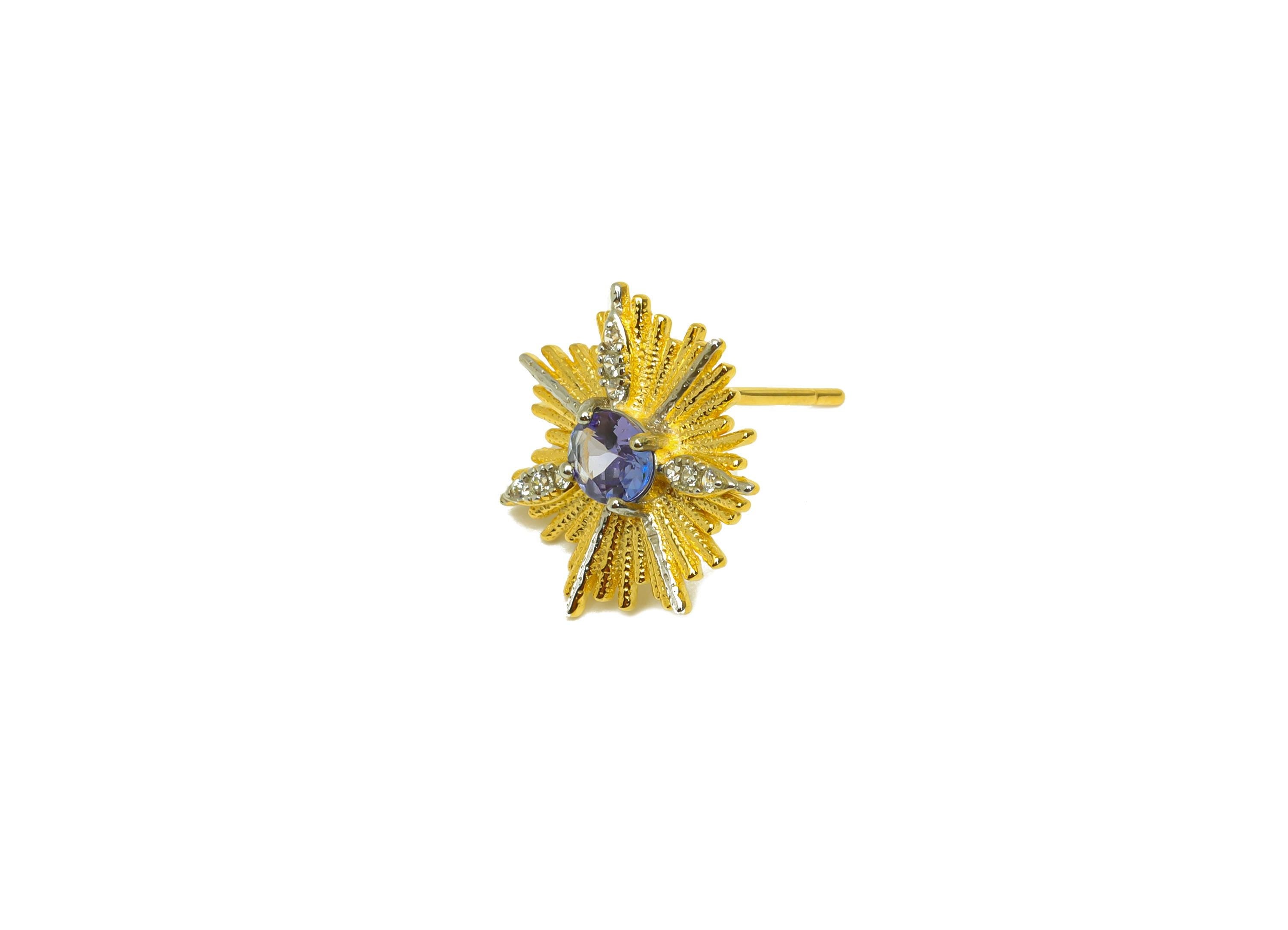 Tanzanite Silver Earring Post - Flower Zircon Crystal Earring Post - Natural Stone Stud - 18K Real Gold Plated Silver - 14x14x3mm - RGP7367 - DOMEDBAZAAR