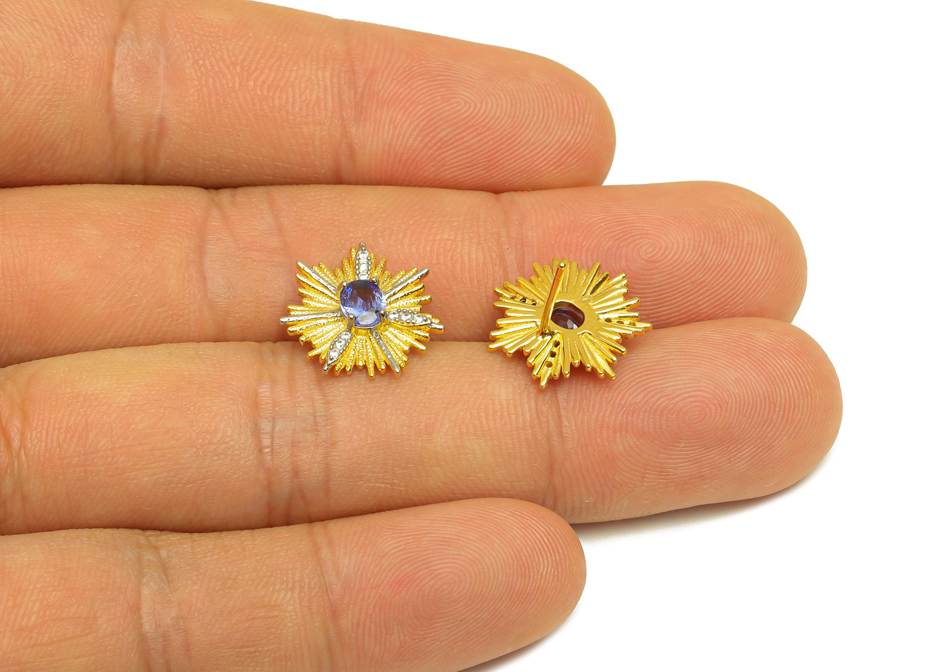 Tanzanite Silver Earring Post - Flower Zircon Crystal Earring Post - Natural Stone Stud - 18K Real Gold Plated Silver - 14x14x3mm - RGP7367 - DOMEDBAZAAR