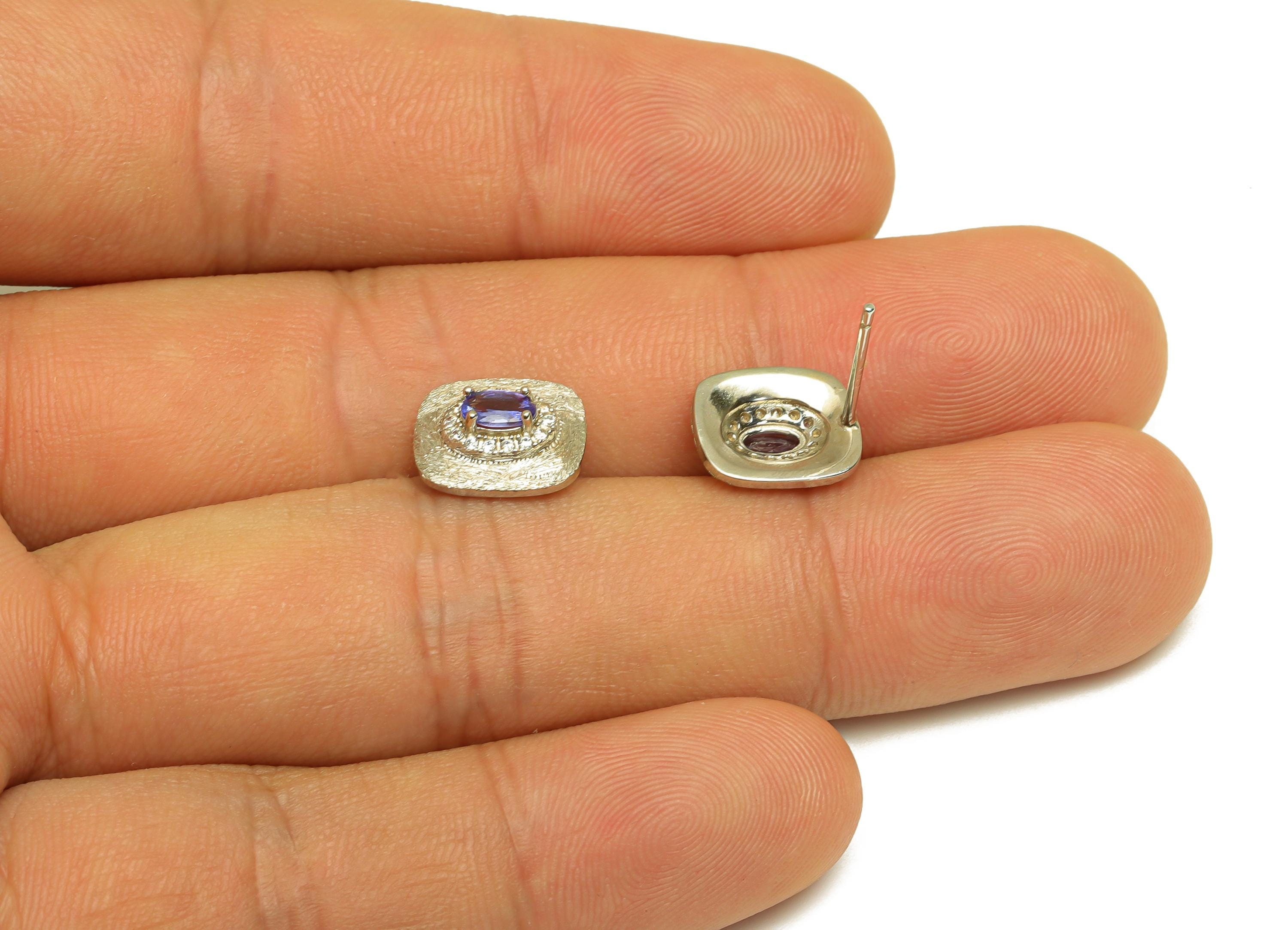 Tanzanite Silver Earring Post - 925 Silver Zircon Crystal Earring Post - Silver Rectangle Natural Stone Stud - 15x9.31x4.55mm - RGP7366 - DOMEDBAZAAR