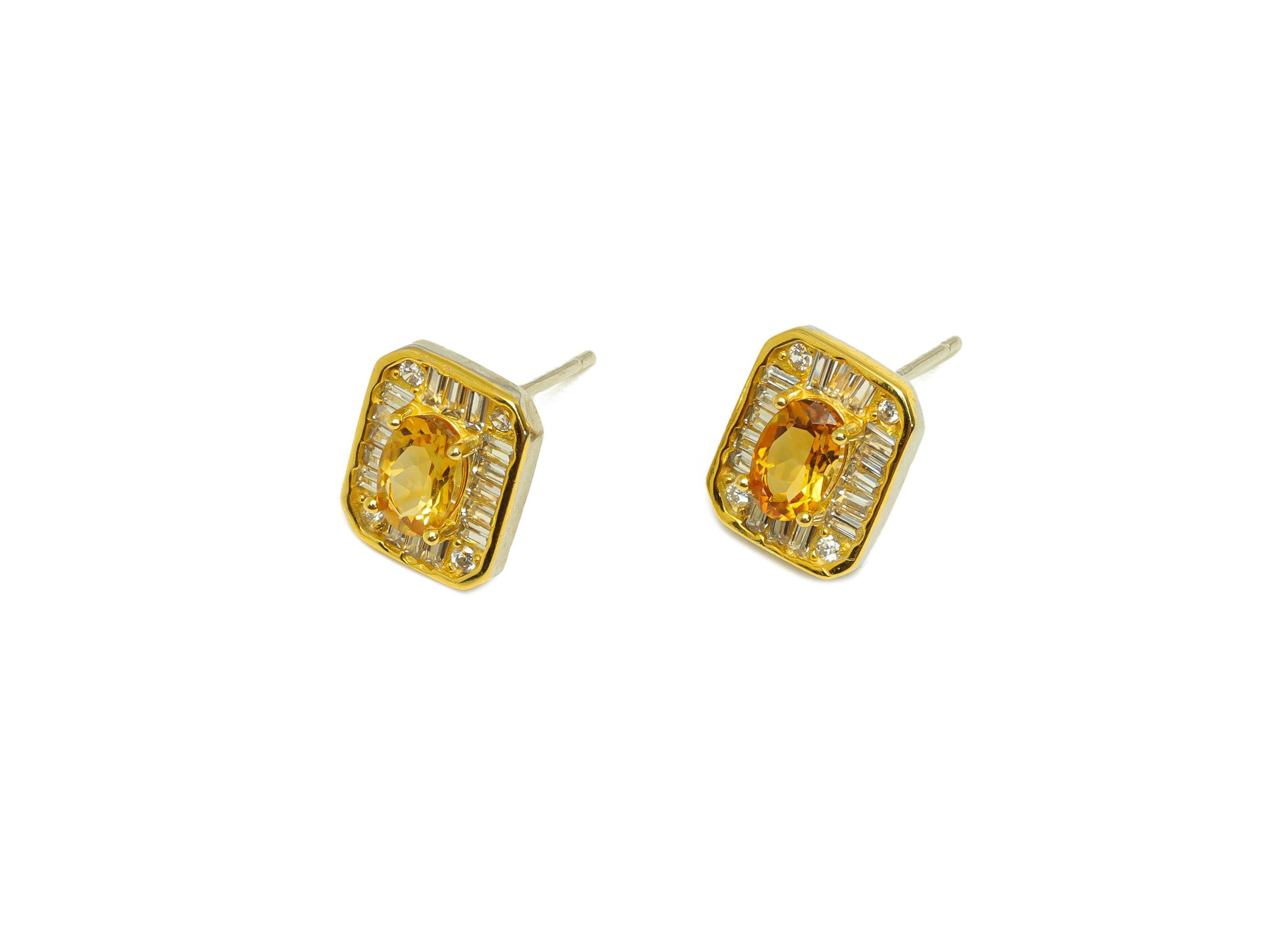 Citrine Silver Earring Post - Rectangle Zircon Crystal Earring Post - Natural Stone Stud - 18K Real Gold Plated Silver - 14x8x4mm - RGP7369 - DOMEDBAZAAR