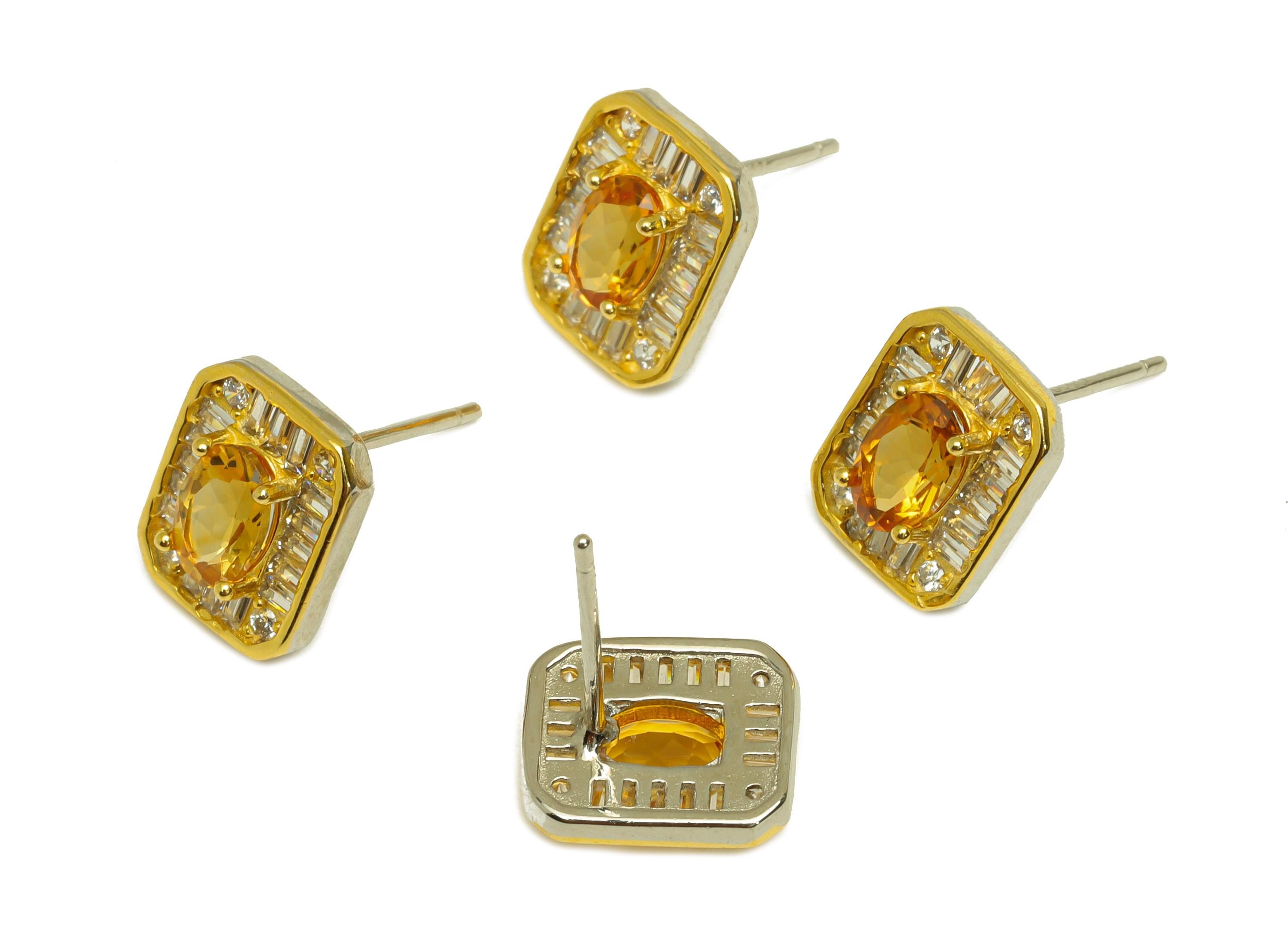 Citrine Silver Earring Post - Rectangle Zircon Crystal Earring Post - Natural Stone Stud - 18K Real Gold Plated Silver - 14x8x4mm - RGP7369 - DOMEDBAZAAR