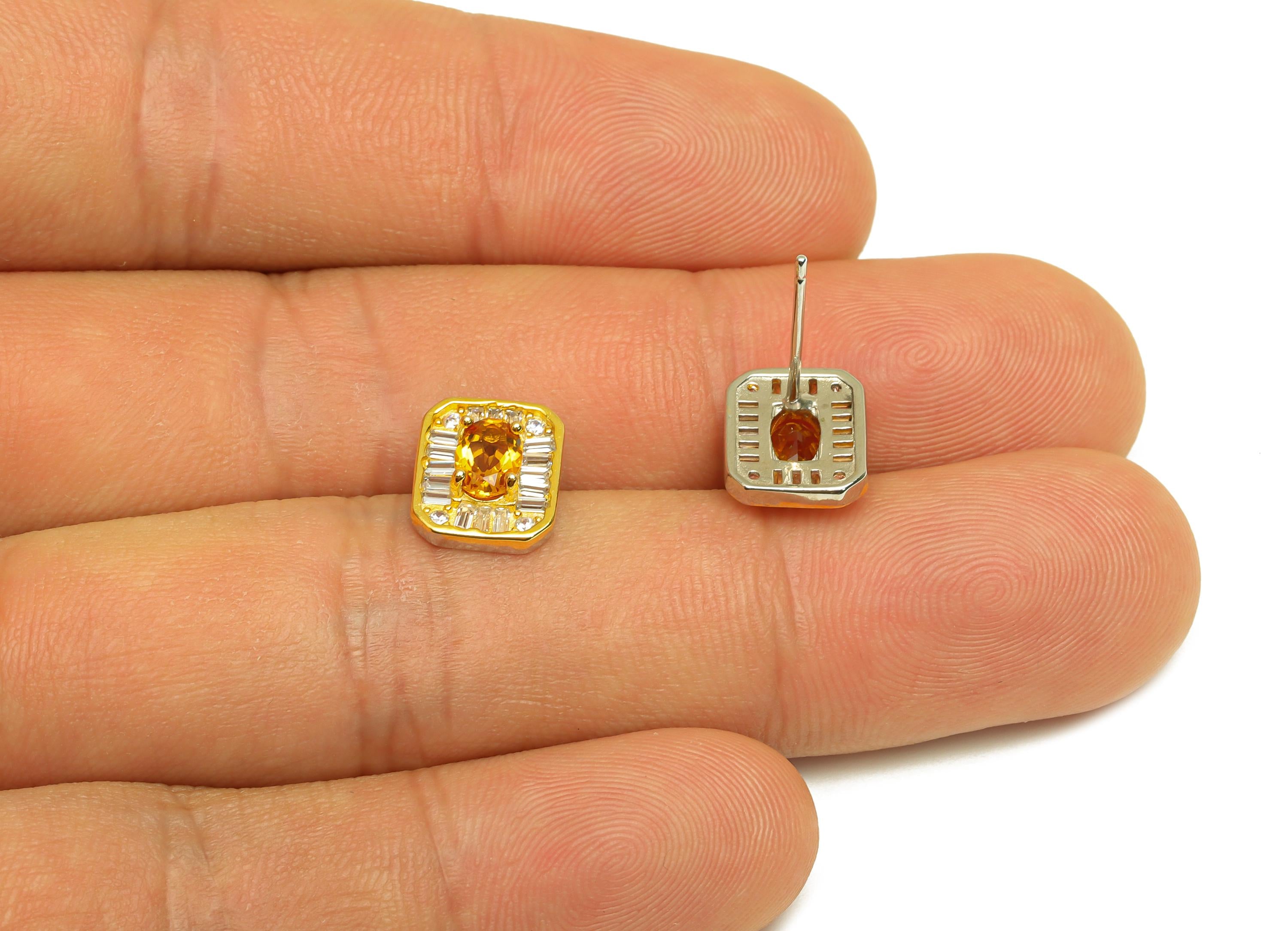 Citrine Silver Earring Post - Rectangle Zircon Crystal Earring Post - Natural Stone Stud - 18K Real Gold Plated Silver - 14x8x4mm - RGP7369 - DOMEDBAZAAR