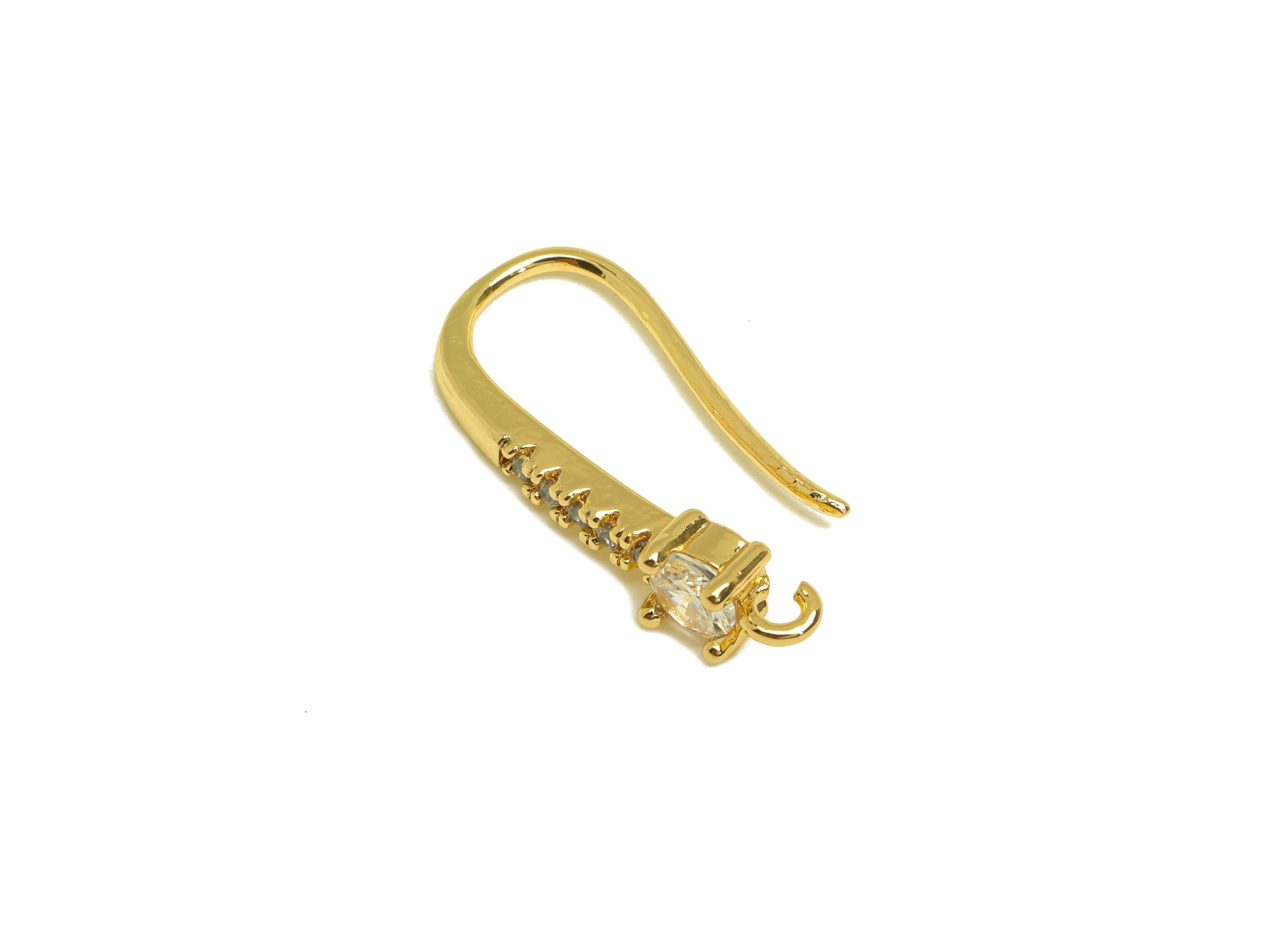 Brass Wire Hook Earring - Brass Zircon Wire Hook Earring - Brass Bead Earring Wire - Brass Ear Wire - 18K Real Gold Plated- 22x8x4mm-RGP7380 - DOMEDBAZAAR