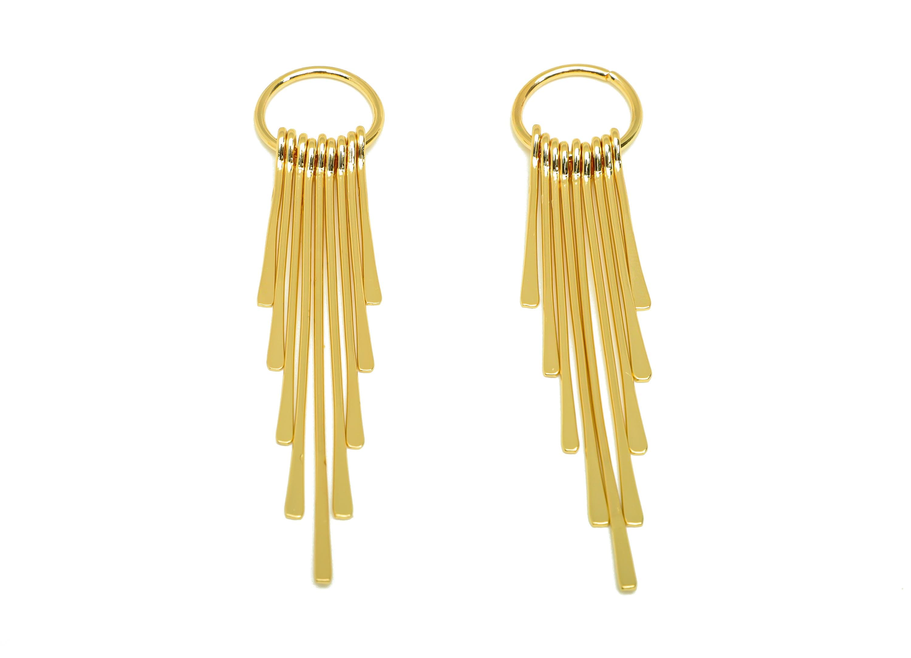 Brass Tassel Earring Charm - Dangle 9 Tassel Wire Earring Charm - Hammered Earring Charm - 18K Real Gold Plated - 82.7x17.78x1.34mm- RGP7309 - DOMEDBAZAAR