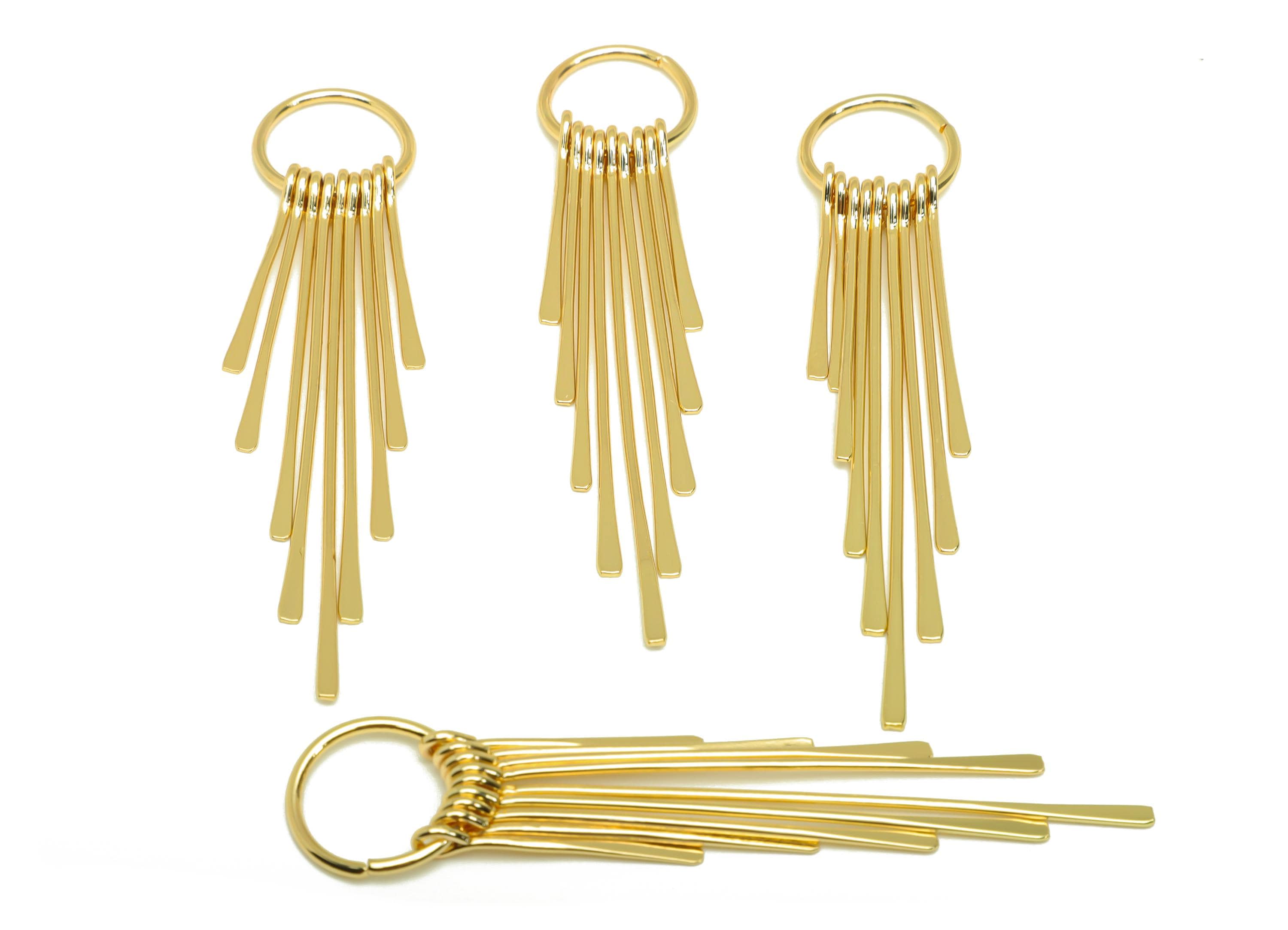 Brass Tassel Earring Charm - Dangle 9 Tassel Wire Earring Charm - Hammered Earring Charm - 18K Real Gold Plated - 82.7x17.78x1.34mm- RGP7309 - DOMEDBAZAAR
