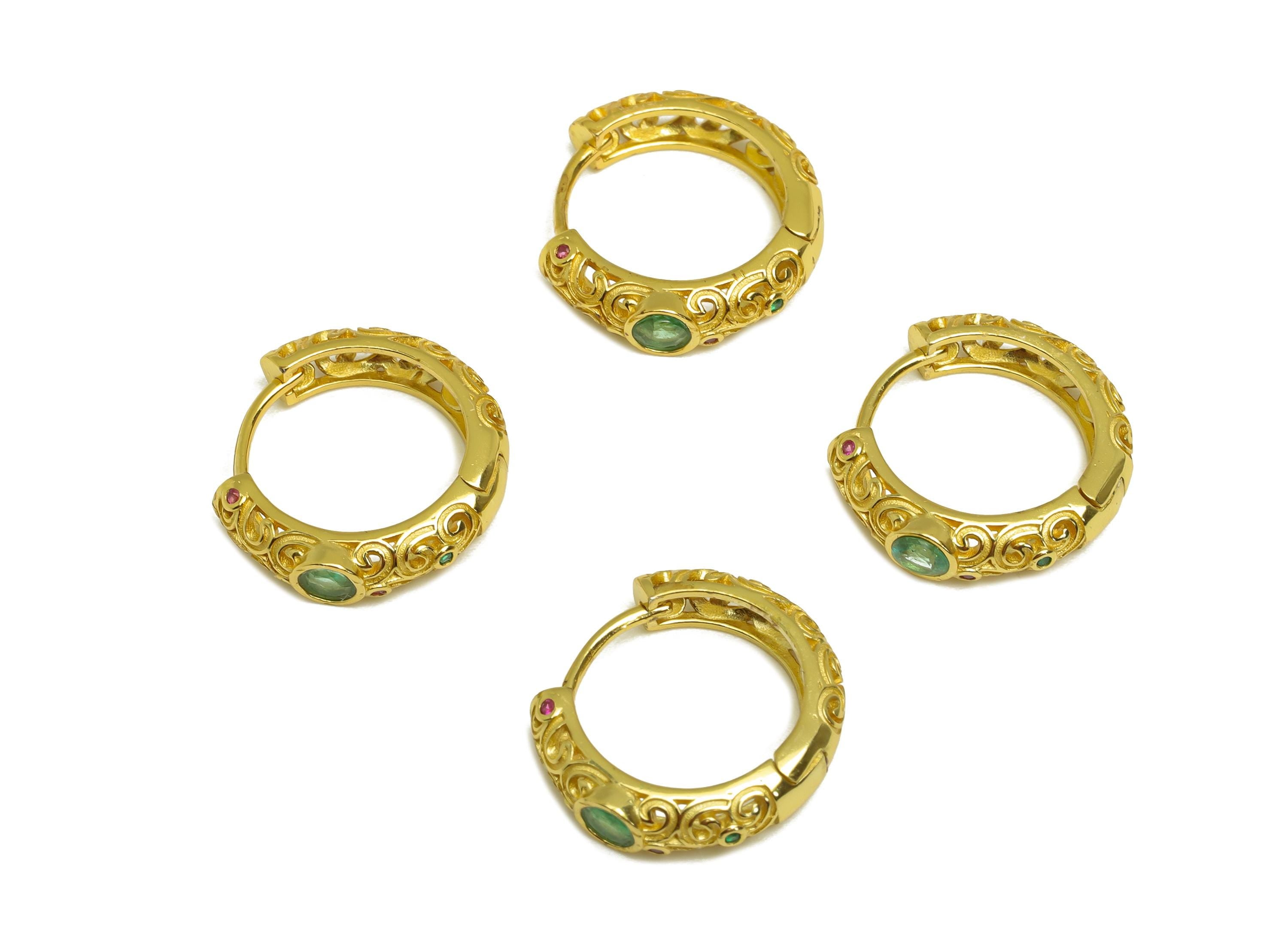 Emerald Hoop Earring - Zircon Textured Hoop Clasp Earring - Natural Stone Huggie Hoop Clasp- 18K Real Gold Plated Silver - 14x8x4mm -RGP7368 - DOMEDBAZAAR