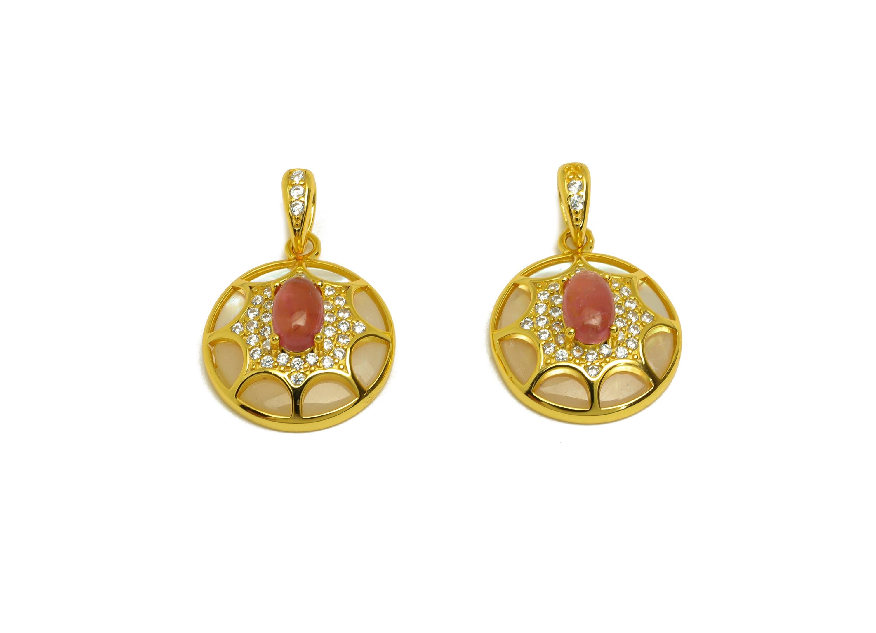 Tourmaline Zircon Earring Charm - Gemstone Pendant - Seashell Earring Charm - For Necklace - 18K Real Gold Plated Silver - 21x14x6mm-RGP7370 - DOMEDBAZAAR