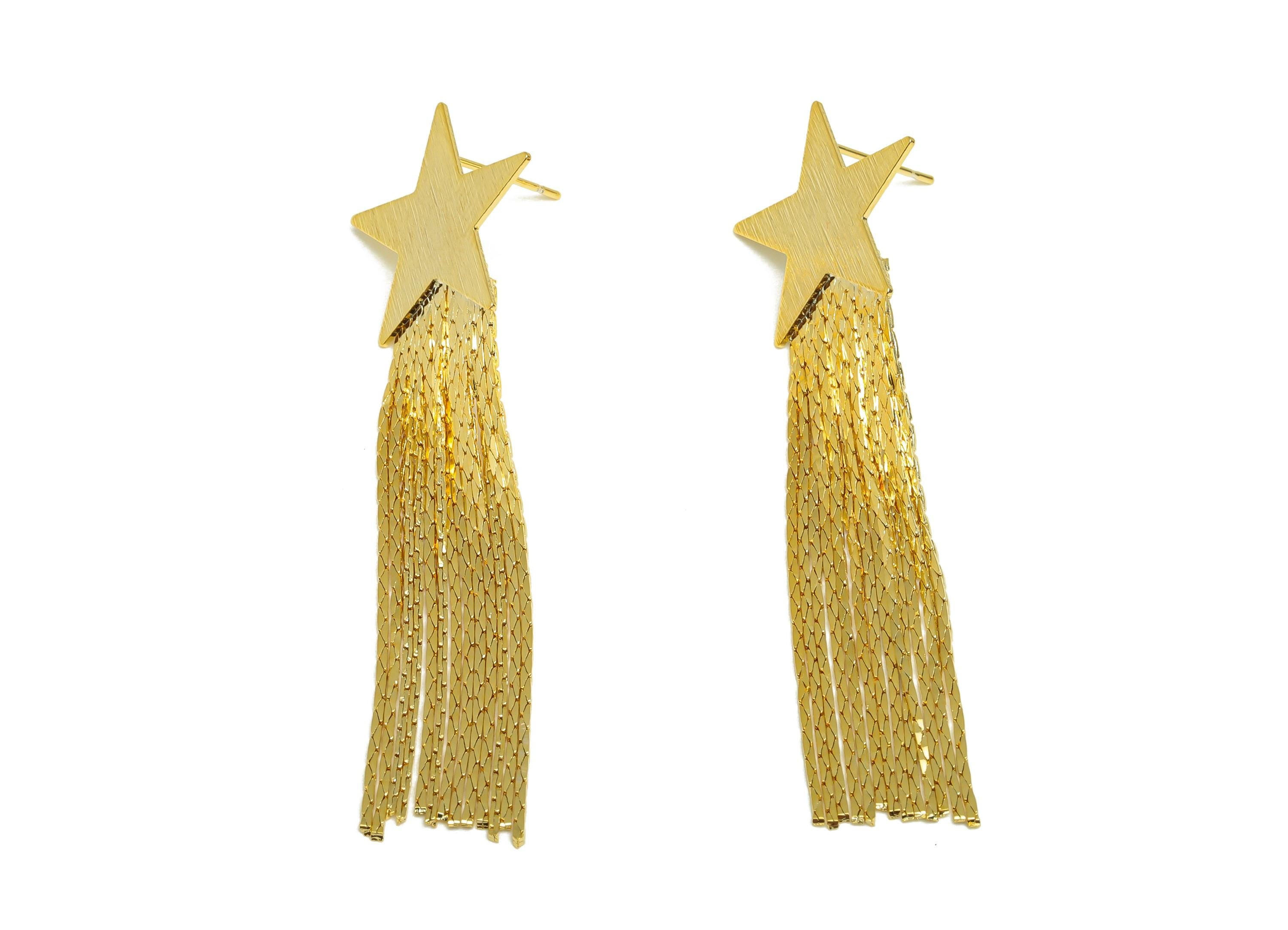 Brass Snake Chain Earring - Gold Star Chain Tassel Earring Stud - Textured Snake Chain Earring Post - 18K Real Gold Plating - 63mm - RGP7709 - DOMEDBAZAAR