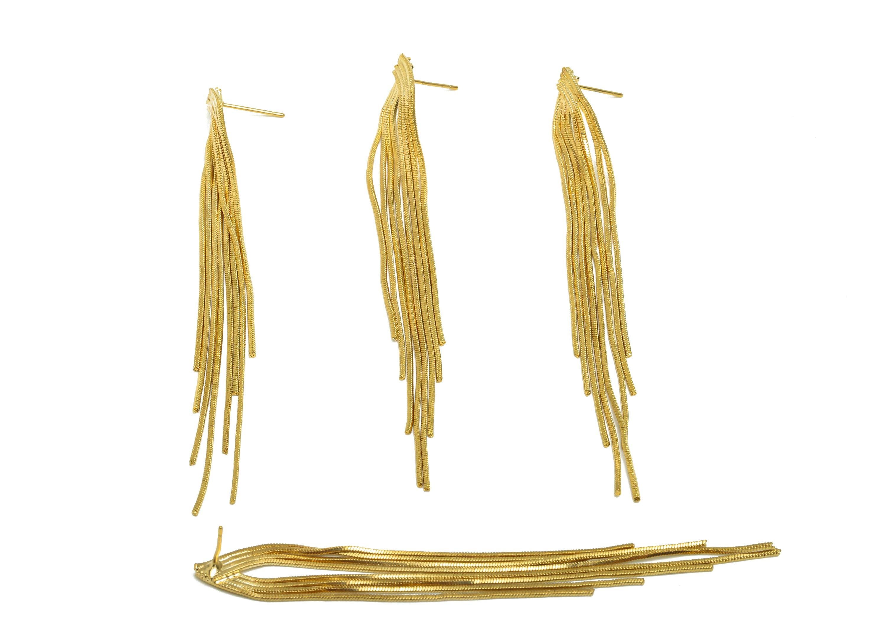 Brass Snake Chain Earring - Gold Long Chain Tassel Earring Stud - Snake Chain Tassel Earring Post - 18K Real Gold Plating - 90mm - RGP7710 - DOMEDBAZAAR