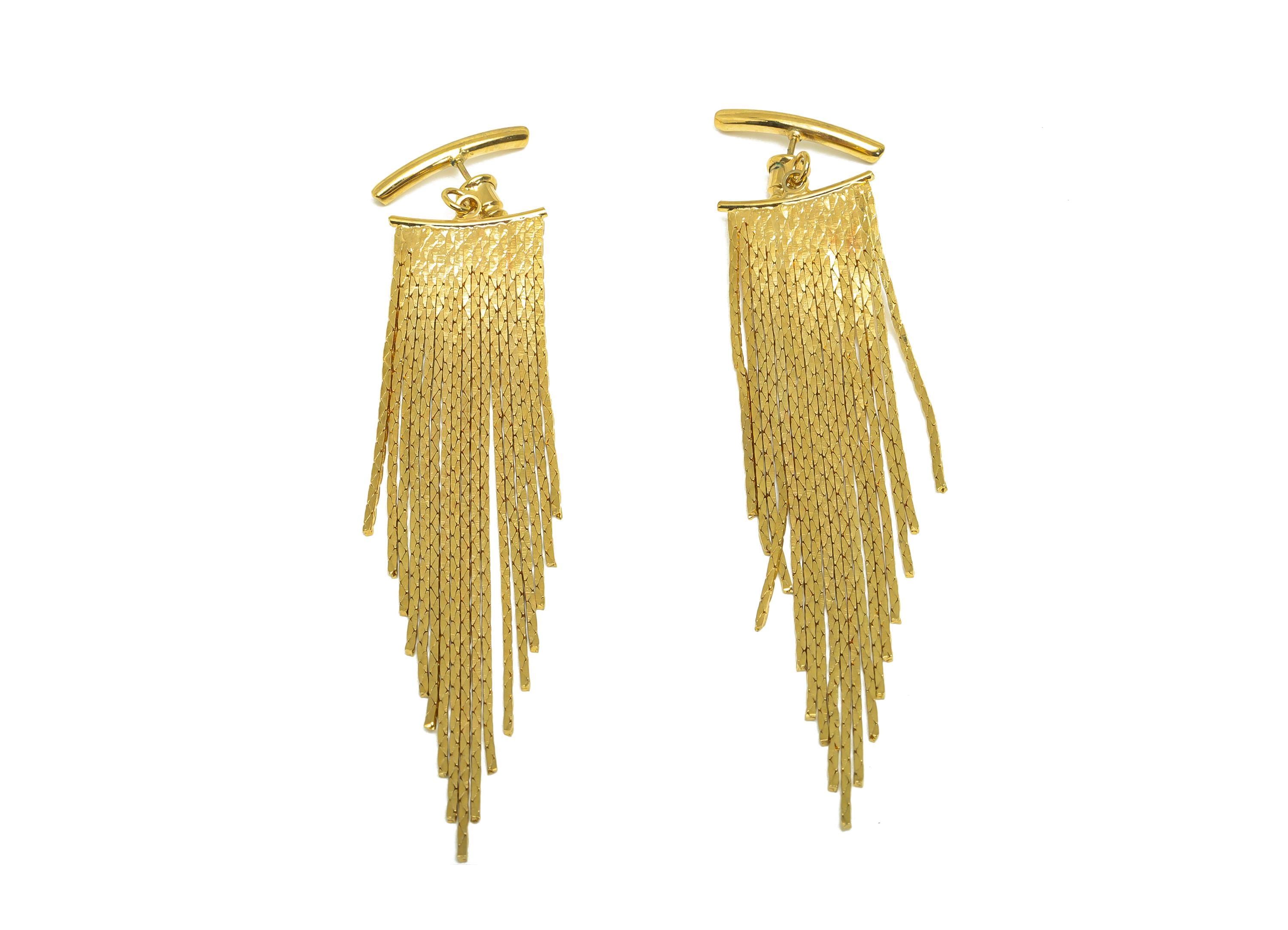 Brass Snake Chain Earring - Gold Curved Bar Tassel Earring Stud - Textured Snake Chain Earring Stopper- 18K Real Gold Plated -90mm - RGP7711 - DOMEDBAZAAR