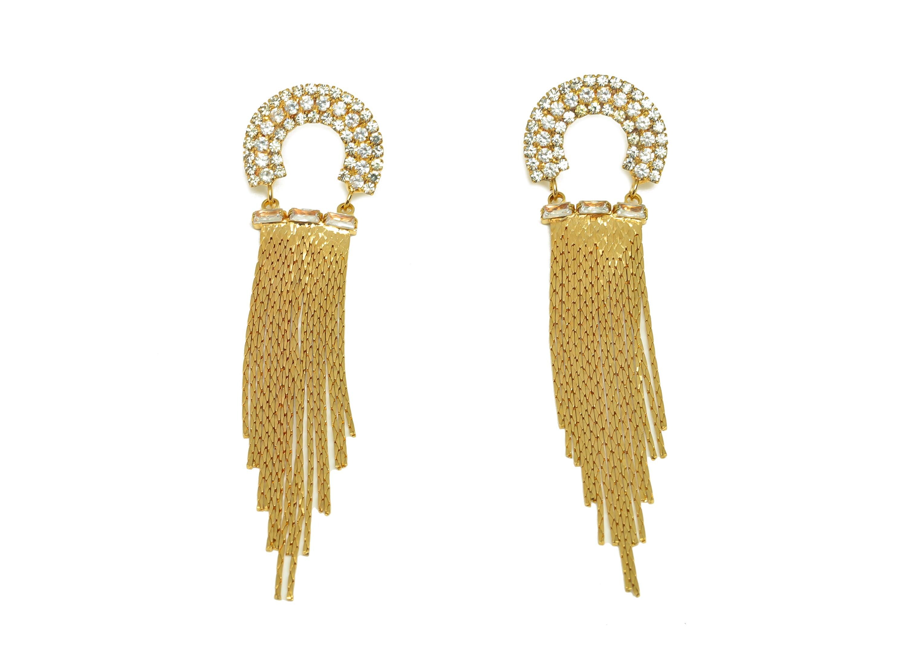 Brass Tassel Chian Earring - Arch Zircon Snake Chian Ear Post - Gold Semicircle Tassel Earring Stud - 18K Real Gold Plating - 80mm - RGP7713 - DOMEDBAZAAR