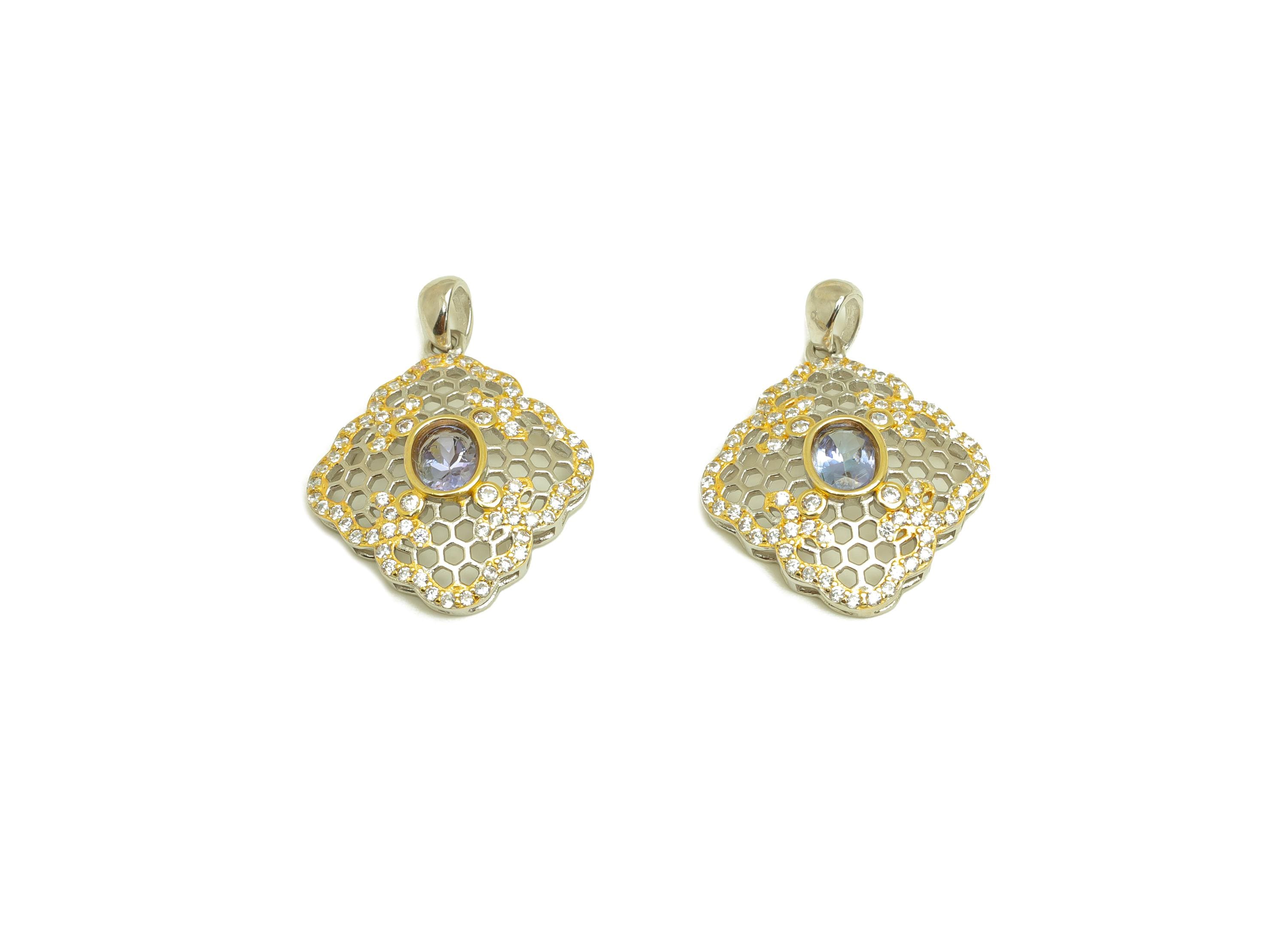 Tanzanite Zircon Earring Charm - Cubic Zircon Gemstone Pendant - Hollow Crystal Earring Charm - For Necklace - 23x18x4mm - RGP7372 - DOMEDBAZAAR