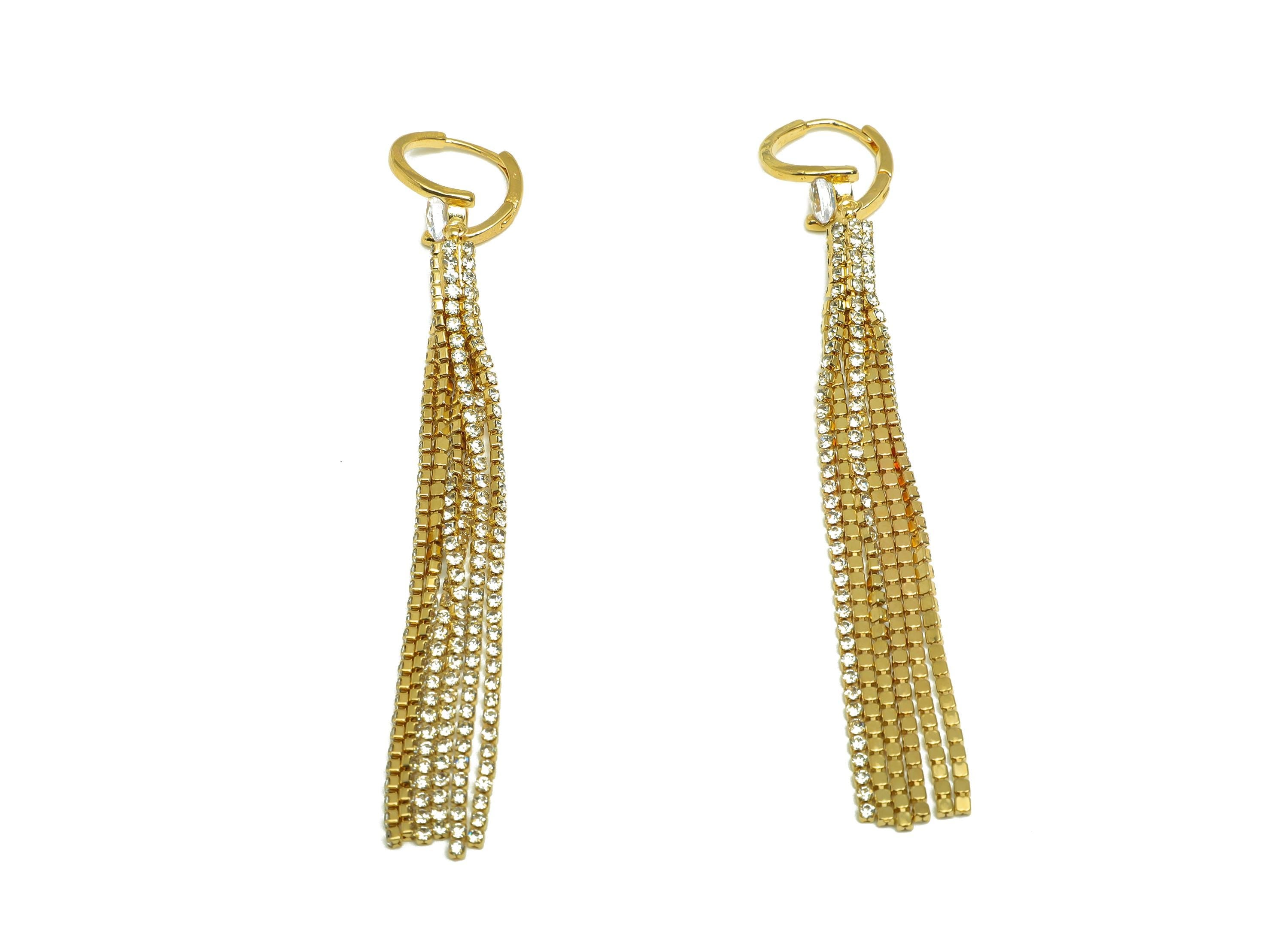 Brass CZ Dangle Earring - Round Cubic Zircon Chain Tassel Earring - Gold Huggie Hoop Dangle Earring - 18K Real Gold Plating - 95mm- RGP7714 - DOMEDBAZAAR