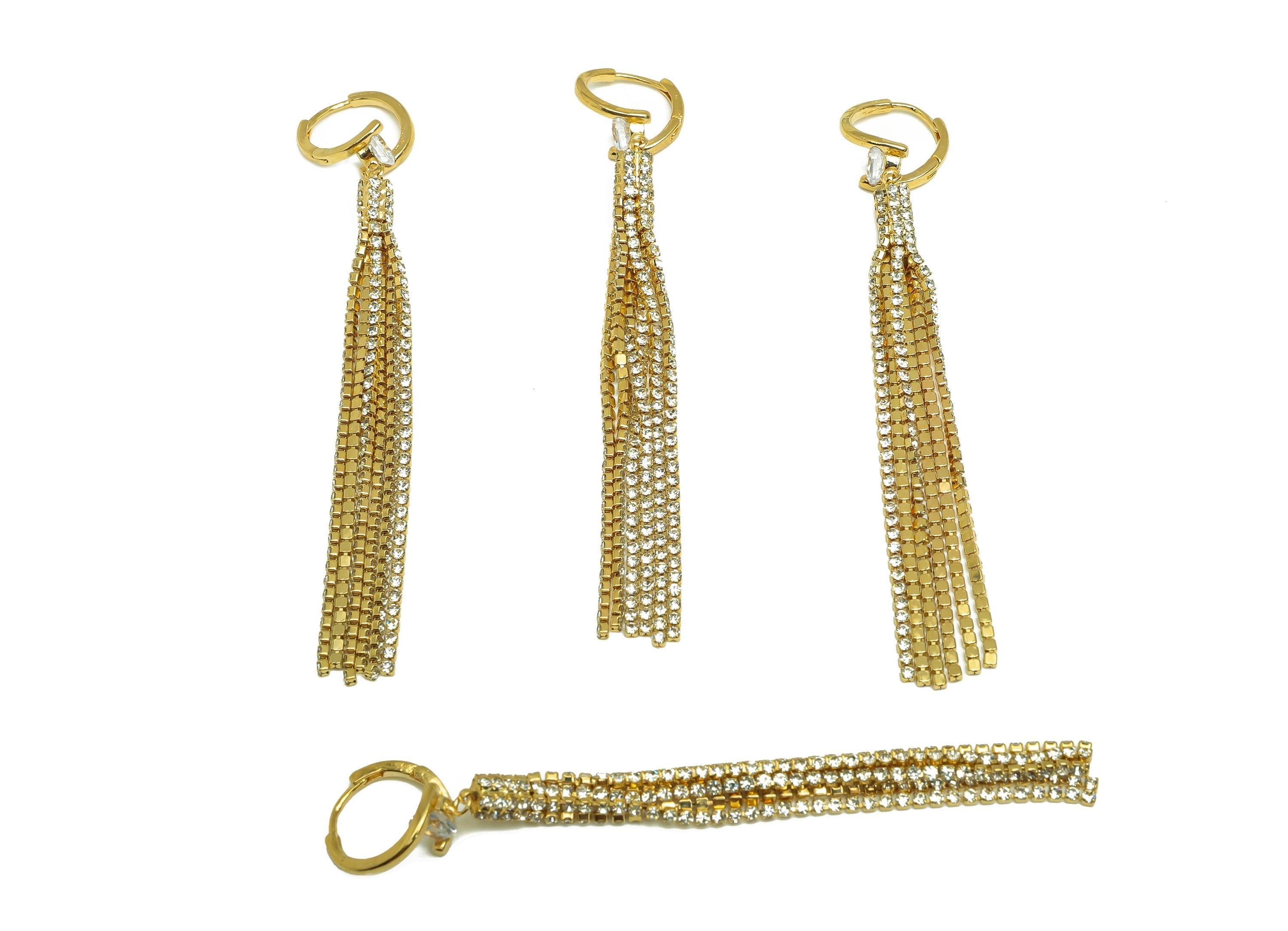 Brass CZ Dangle Earring - Round Cubic Zircon Chain Tassel Earring - Gold Huggie Hoop Dangle Earring - 18K Real Gold Plating - 95mm- RGP7714 - DOMEDBAZAAR
