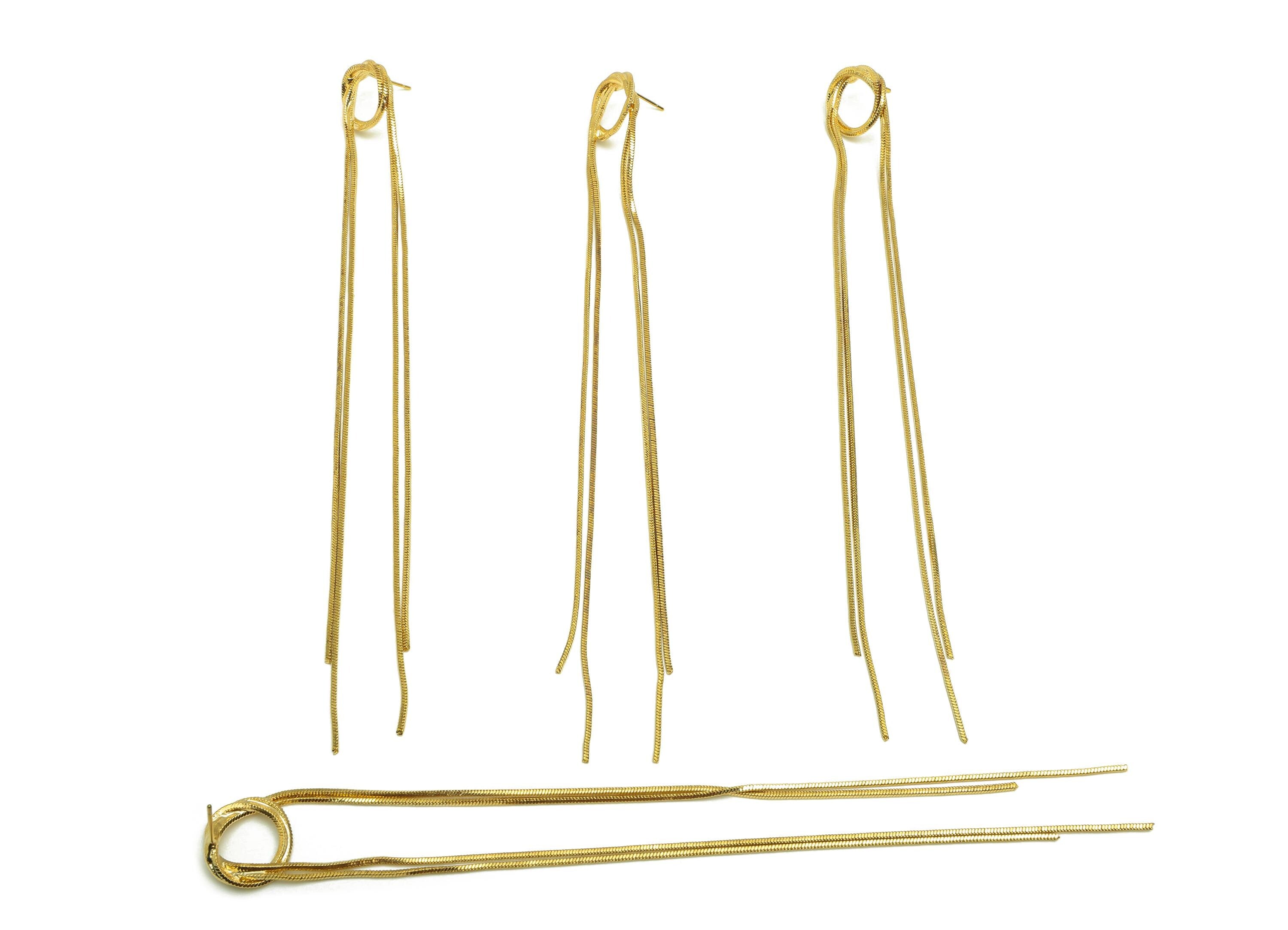 Brass Snake Chain Earring - Gold Circle Long Chain Earring Stud - Snake Chain Tassel Earring Post - 18K Real Gold Plating - 153mm - RGP7715 - DOMEDBAZAAR