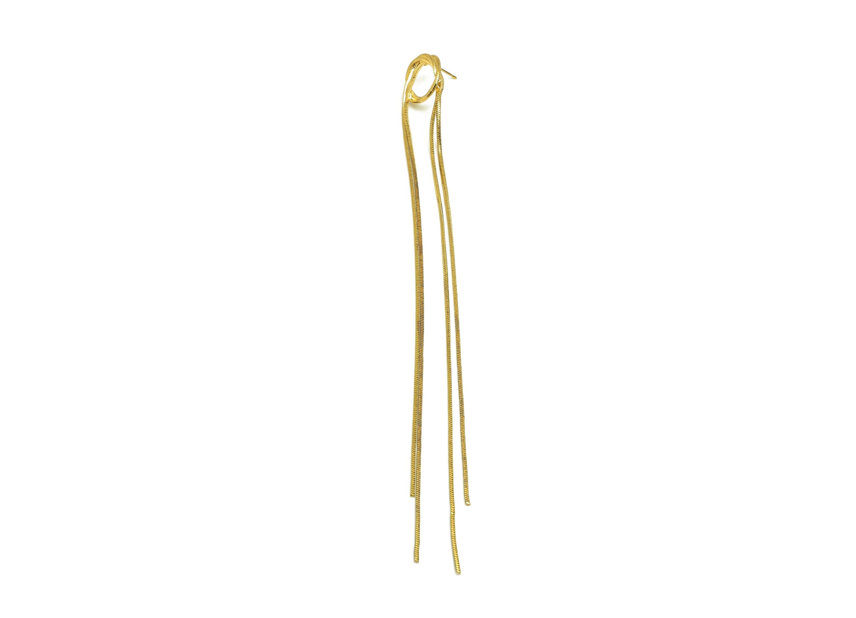 Brass Snake Chain Earring - Gold Circle Long Chain Earring Stud - Snake Chain Tassel Earring Post - 18K Real Gold Plating - 153mm - RGP7715 - DOMEDBAZAAR