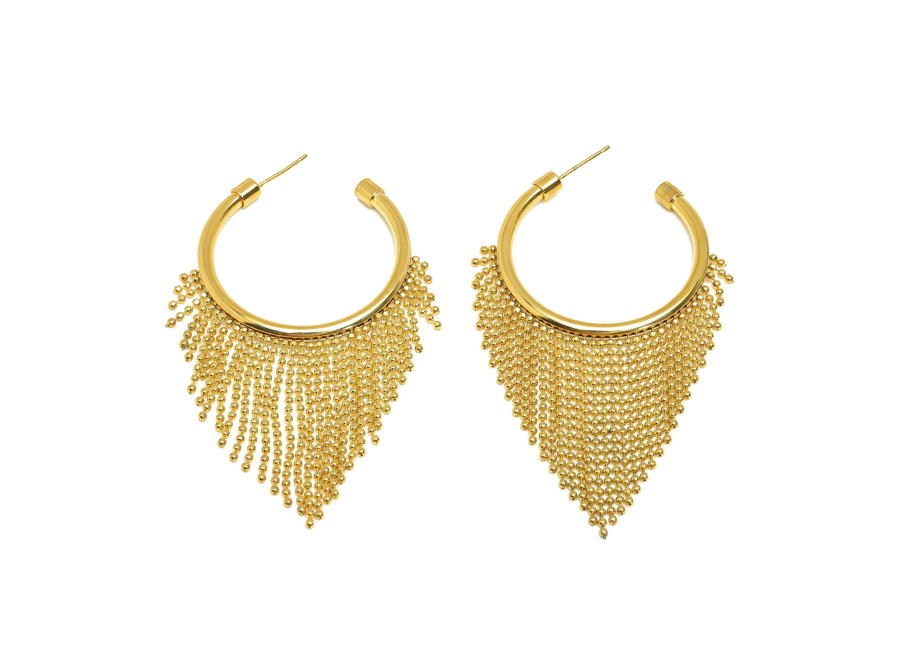 Brass Beads Chain Ear - Gold Open Round C Tassel Earring Stud - Open Circle Beads Chain Earring Post - 18K Real Gold Plating- 75mm - RGP7718 - DOMEDBAZAAR