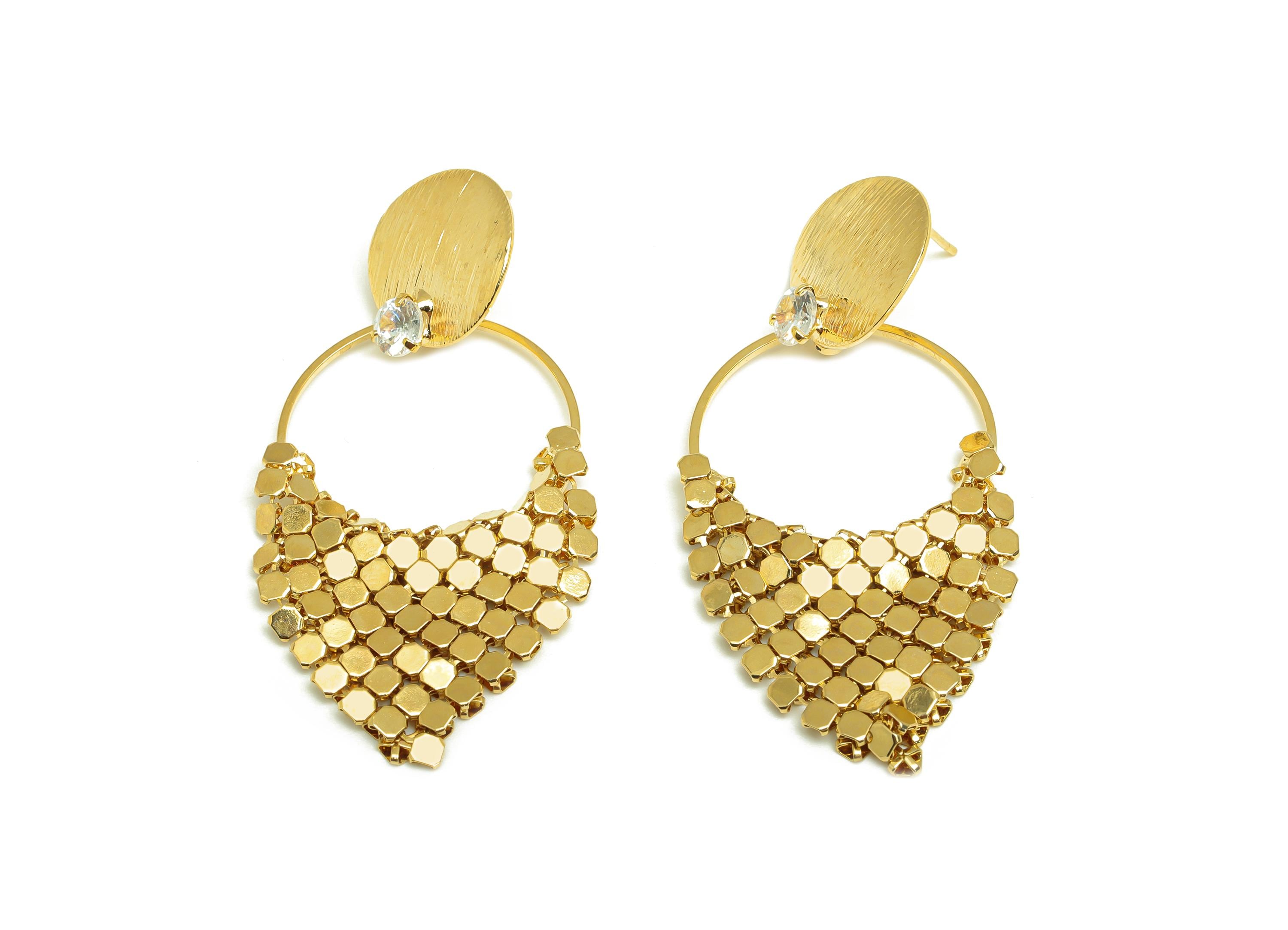 Brass Round Dangle Ear - Gold Triangle Mesh Tassel Earring Stud - Textured Zircon Dangle Earring - 18K Real Gold Plating - 55mm - RGP7720 - DOMEDBAZAAR