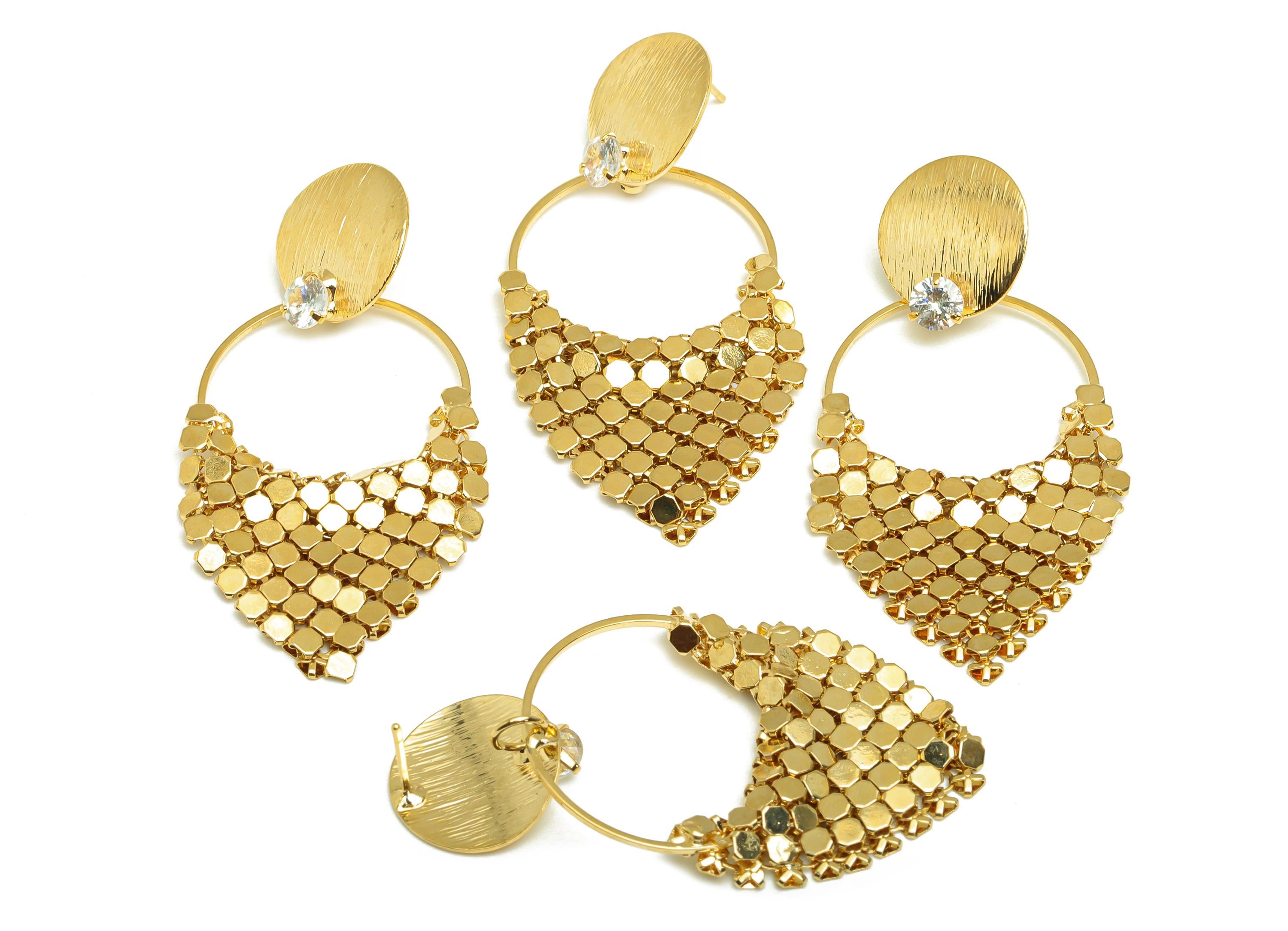 Brass Round Dangle Ear - Gold Triangle Mesh Tassel Earring Stud - Textured Zircon Dangle Earring - 18K Real Gold Plating - 55mm - RGP7720 - DOMEDBAZAAR