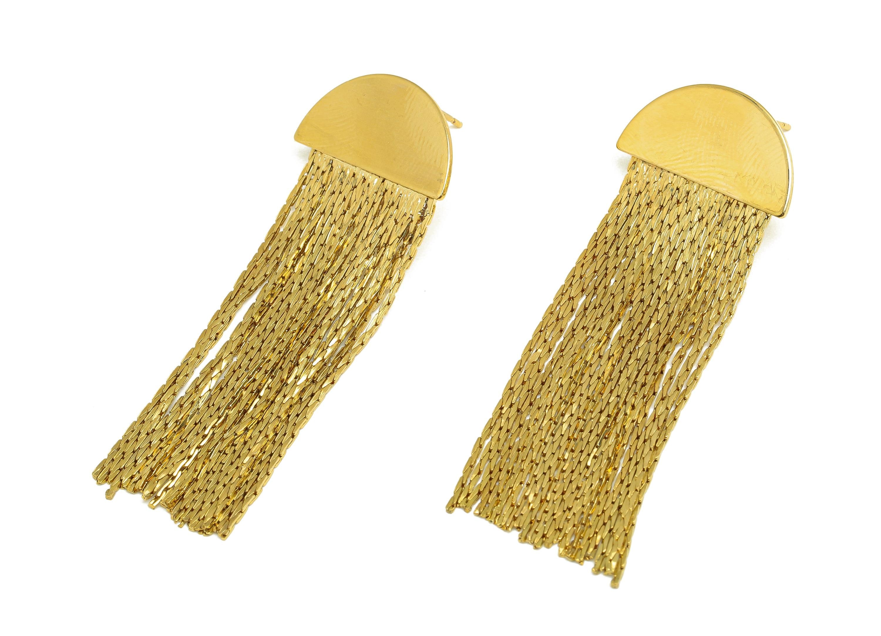 Brass Snake Chain Earring - Gold Semicircle Tassel Earring Stud - Snake Chain Tassel Earring Post - 18K Real Gold Plating - 55mm - RGP7722 - DOMEDBAZAAR