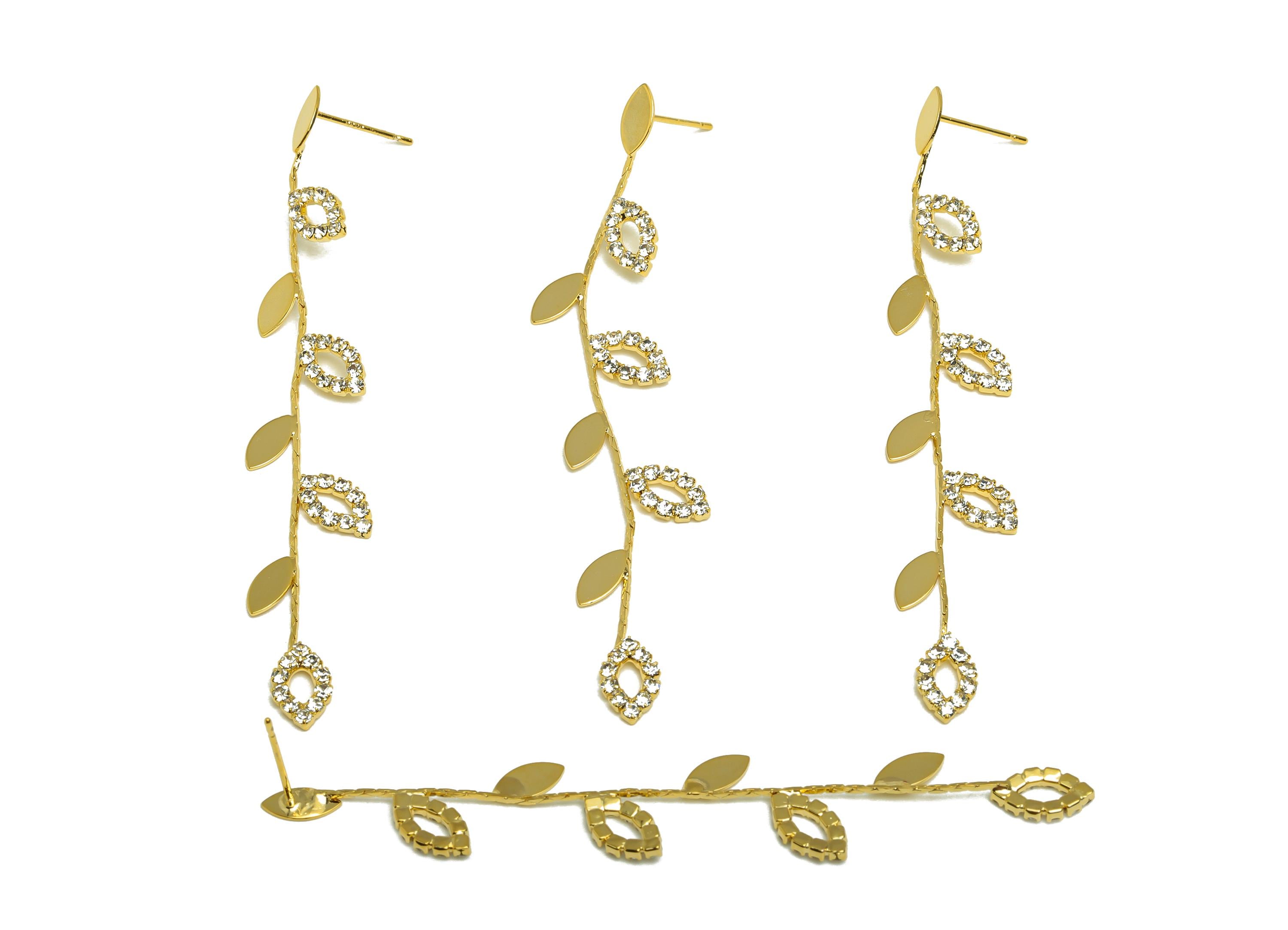 Brass Leaf Chian Earring - Zircon Leaves Snake Chian Ear Post - Gold Snake Chian Tassel Earring Stud - 18K Real Gold Plated - 80mm - RGP7723 - DOMEDBAZAAR