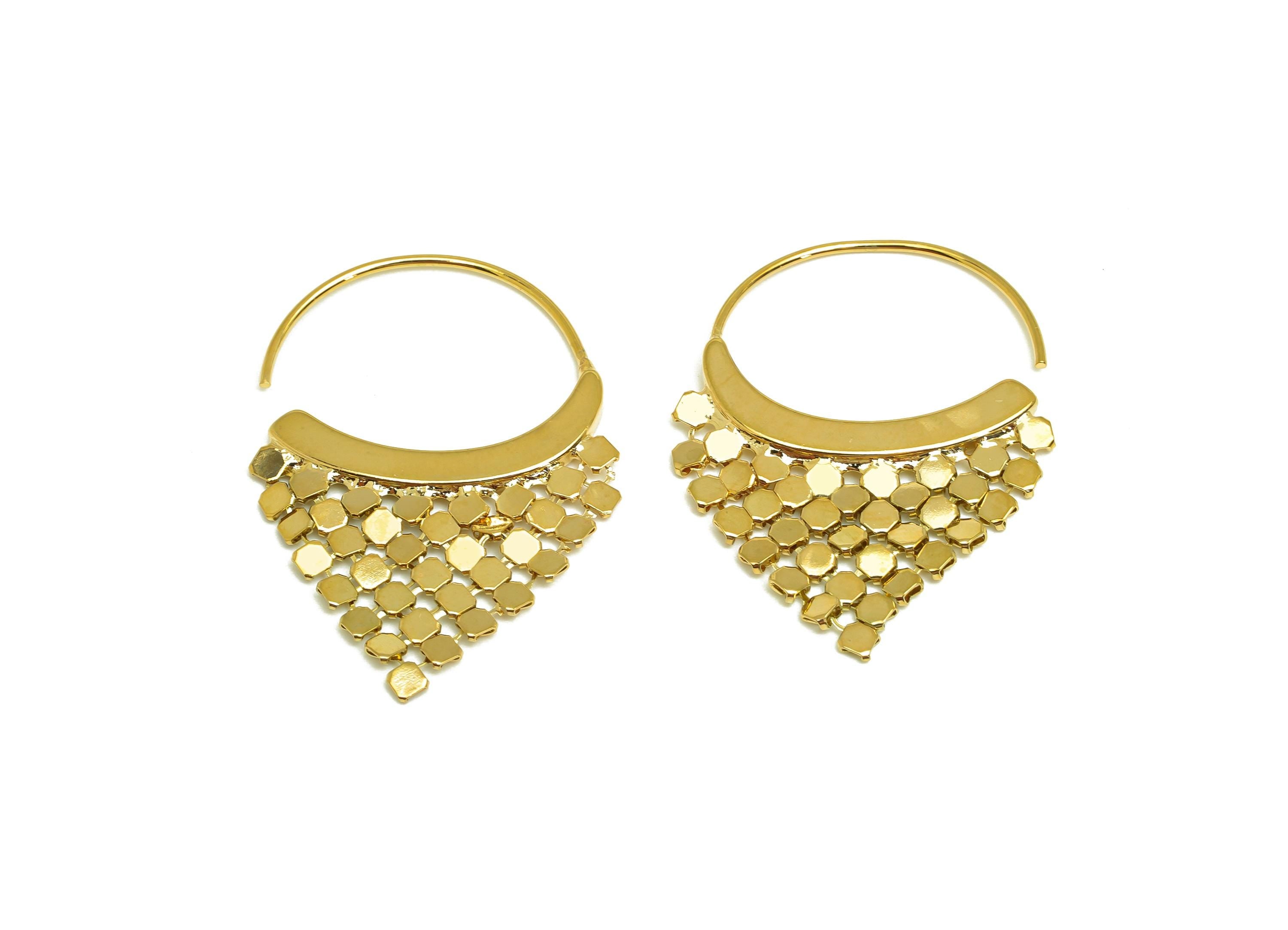 Brass Triangle Mesh Ear - Gold Triangle Mesh Earring Wire - Textured Mesh Circle Earring Wire - 18K Real Gold Plating - 40mm - RGP7724 - DOMEDBAZAAR