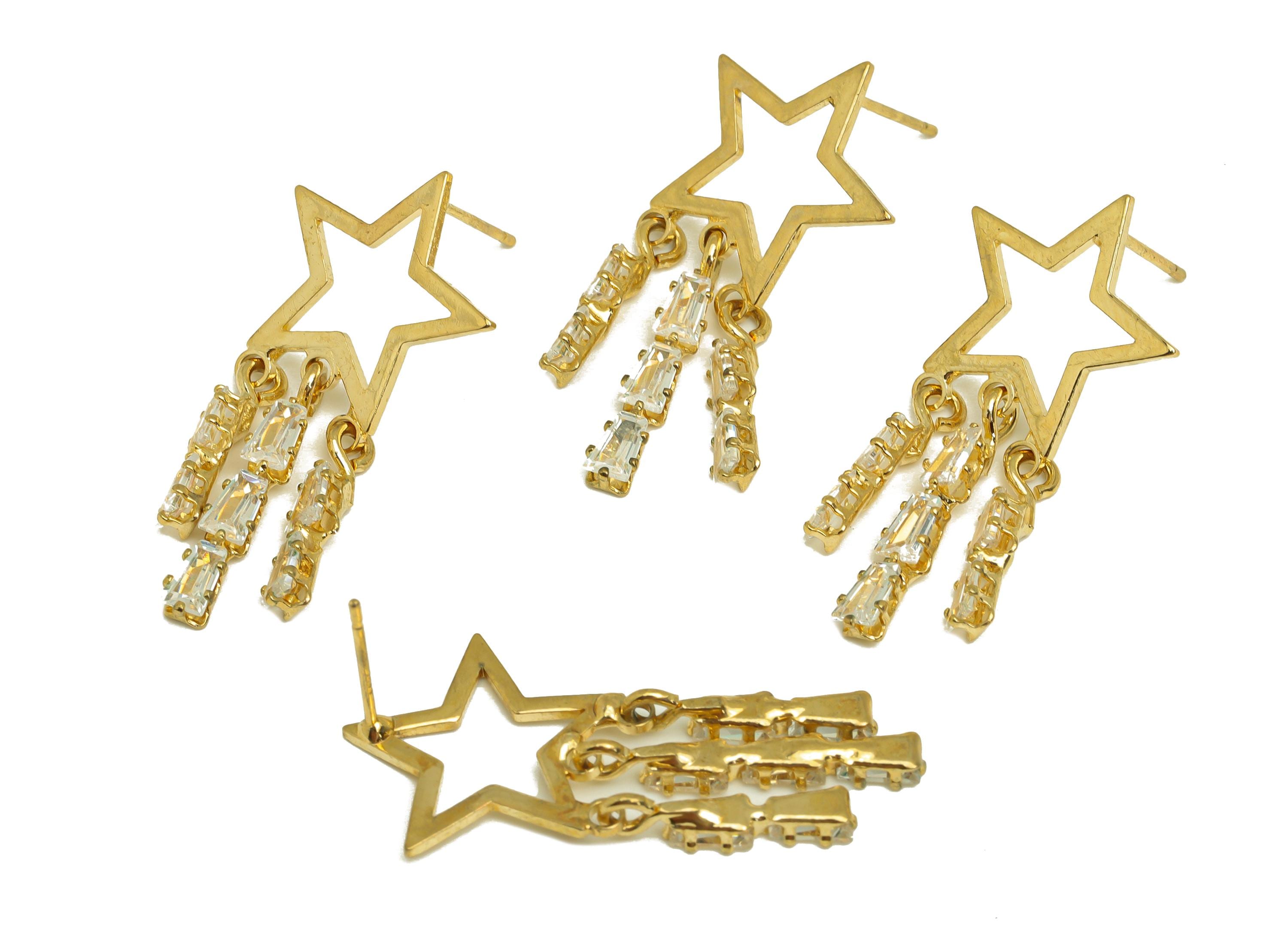 Brass Star Dangle Earring - Gold Zircon Tassel Earring Stud - Star Cubic Zircon Dangle Earring Post - 18K Real Gold Plating - 35mm - RGP7725 - DOMEDBAZAAR