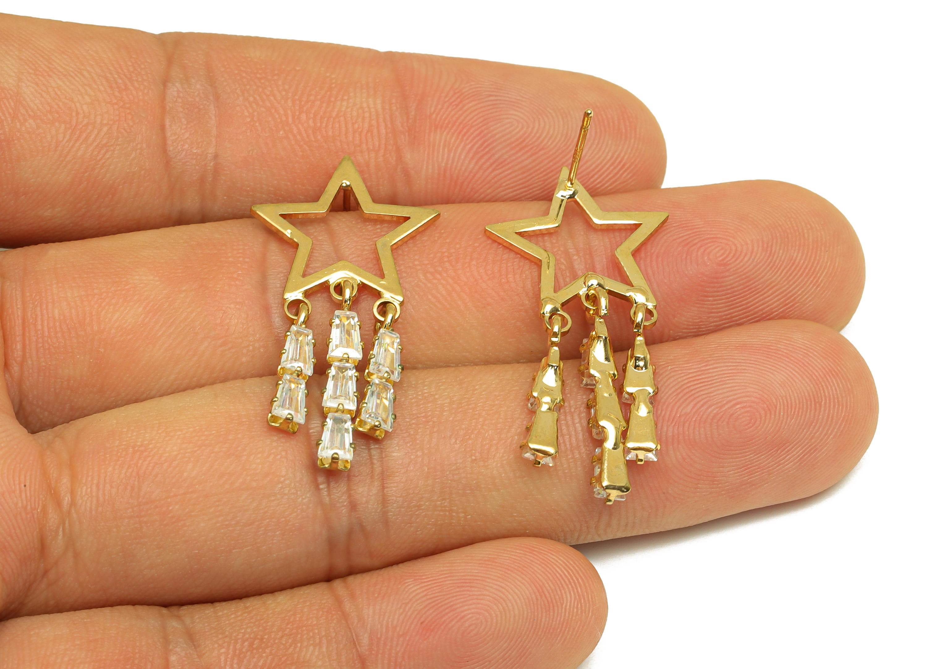 Brass Star Dangle Earring - Gold Zircon Tassel Earring Stud - Star Cubic Zircon Dangle Earring Post - 18K Real Gold Plating - 35mm - RGP7725 - DOMEDBAZAAR