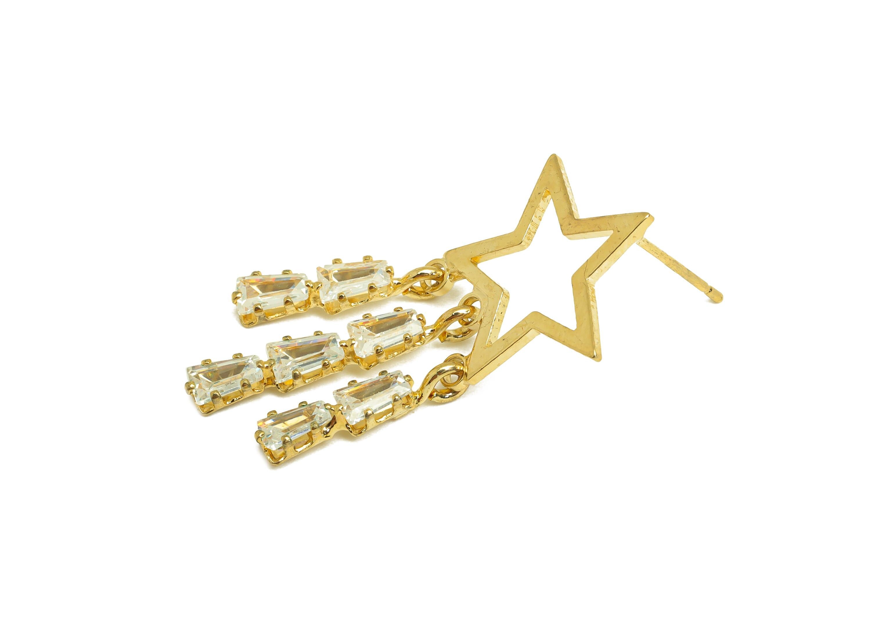 Brass Star Dangle Earring - Gold Zircon Tassel Earring Stud - Star Cubic Zircon Dangle Earring Post - 18K Real Gold Plating - 35mm - RGP7725 - DOMEDBAZAAR