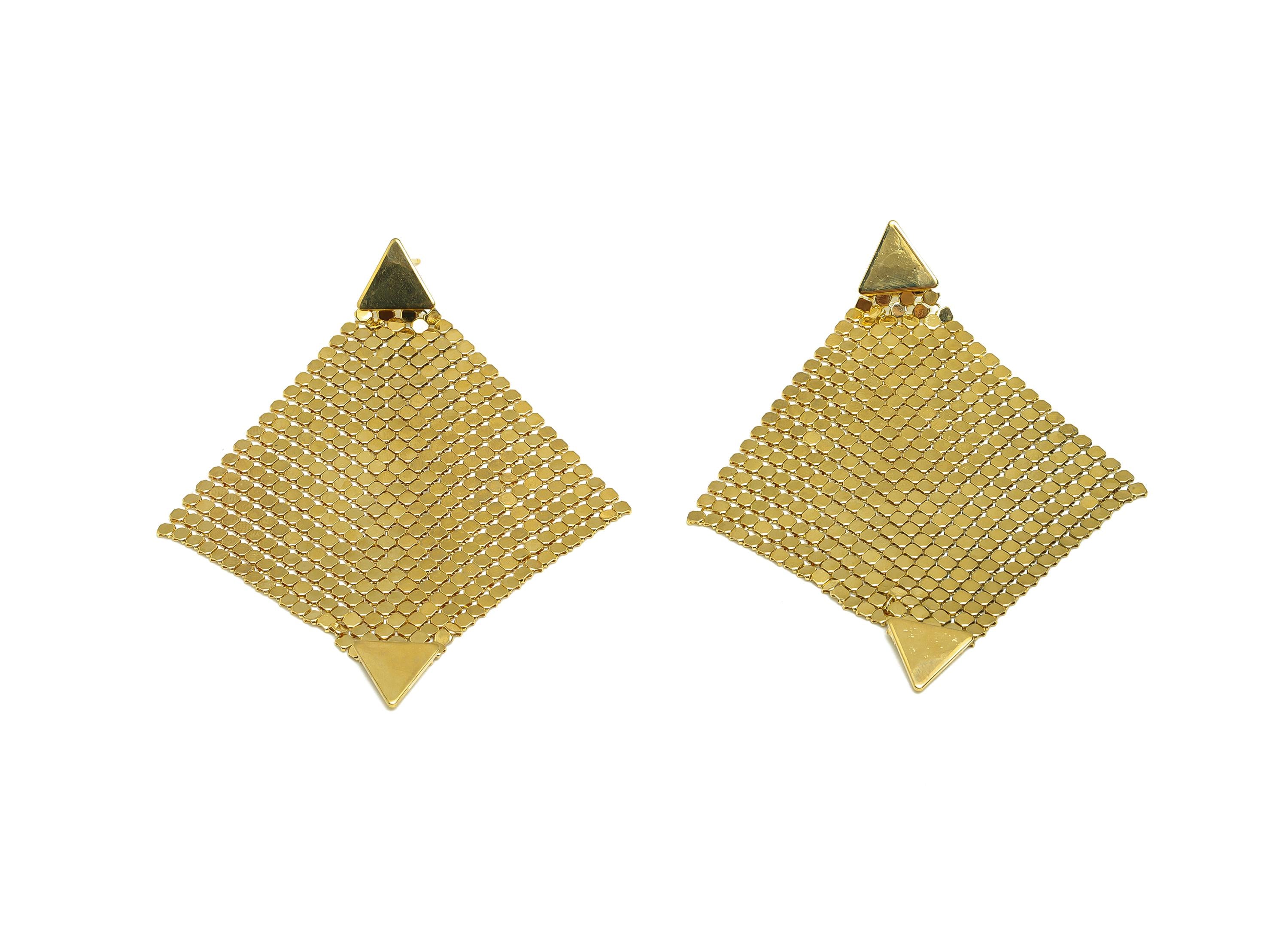 Brass Triangle Earring - Gold Square Mesh Earring Stud - Geometric Square Mesh Earring Post - 18K Real Gold Plating - 90mm - RGP7726 - DOMEDBAZAAR
