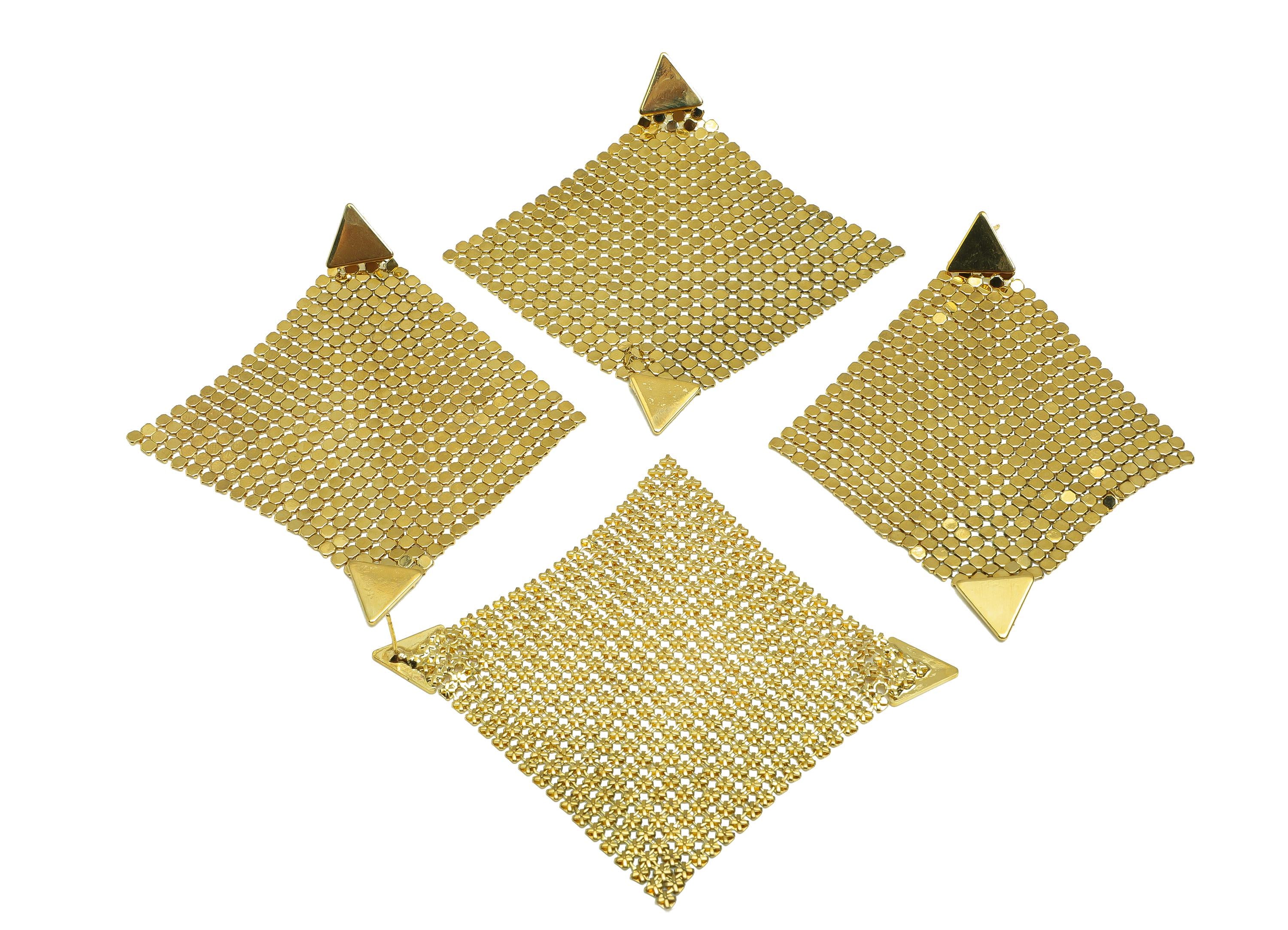 Brass Triangle Earring - Gold Square Mesh Earring Stud - Geometric Square Mesh Earring Post - 18K Real Gold Plating - 90mm - RGP7726 - DOMEDBAZAAR