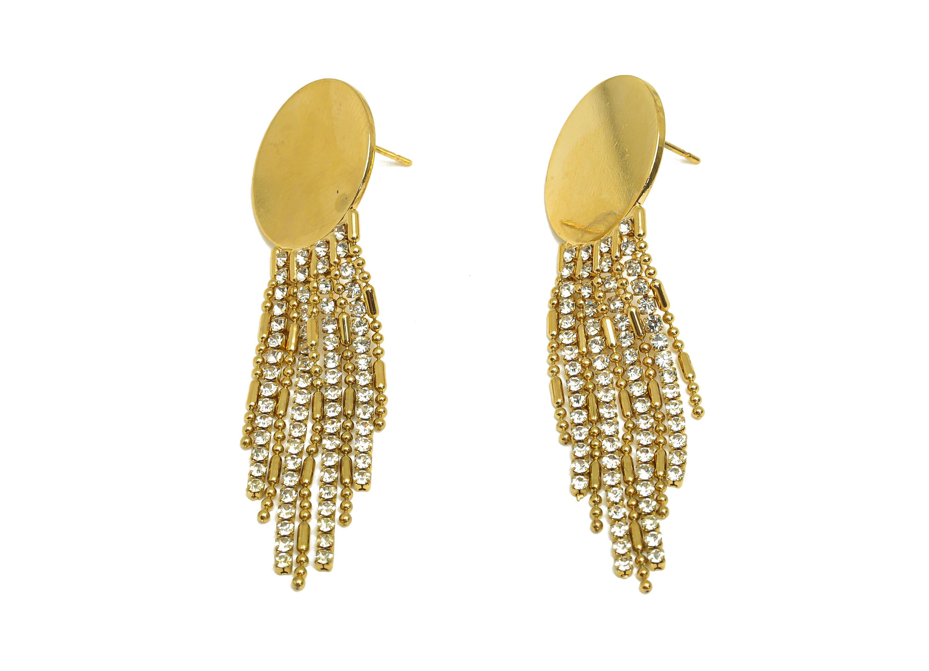 Brass Tassel Chian Earring - Round Zircon Snake Chian Earring Post - Gold Chian Tassel Earring Stud - 18K Real Gold Plated - 58mm - RGP7727 - DOMEDBAZAAR