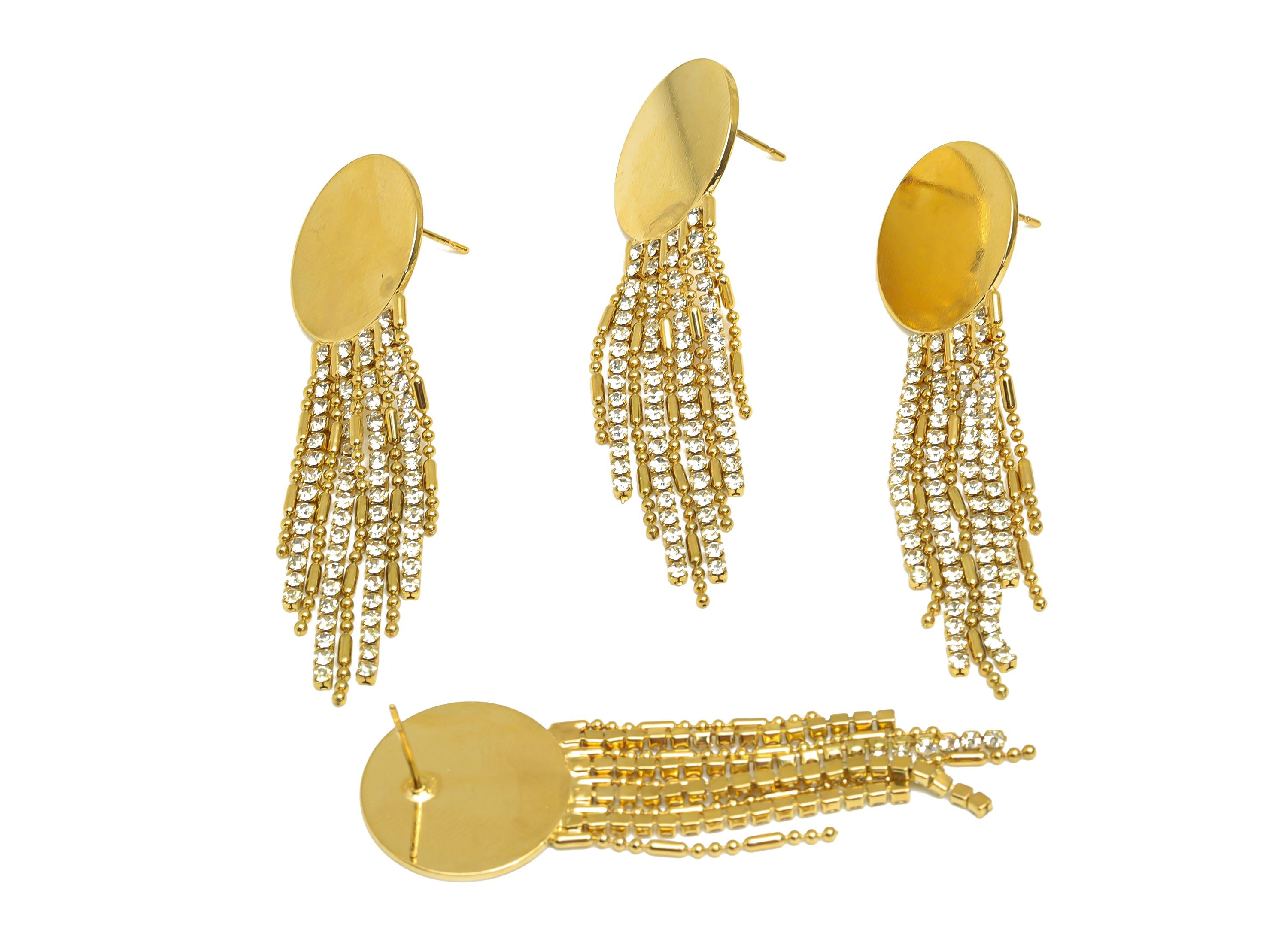 Brass Tassel Chian Earring - Round Zircon Snake Chian Earring Post - Gold Chian Tassel Earring Stud - 18K Real Gold Plated - 58mm - RGP7727 - DOMEDBAZAAR