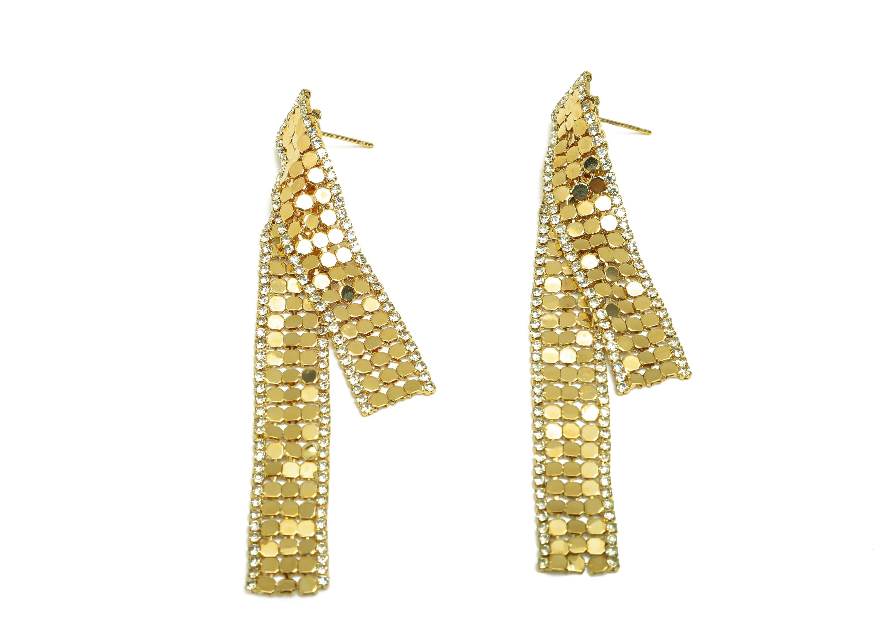 Brass Rectangle Earring Post - Gold Rectangle CZ Mesh Earring Stud - Zircon Rectangle Earring Post - 18K Real Gold Plating - 80mm - RGP7728 - DOMEDBAZAAR