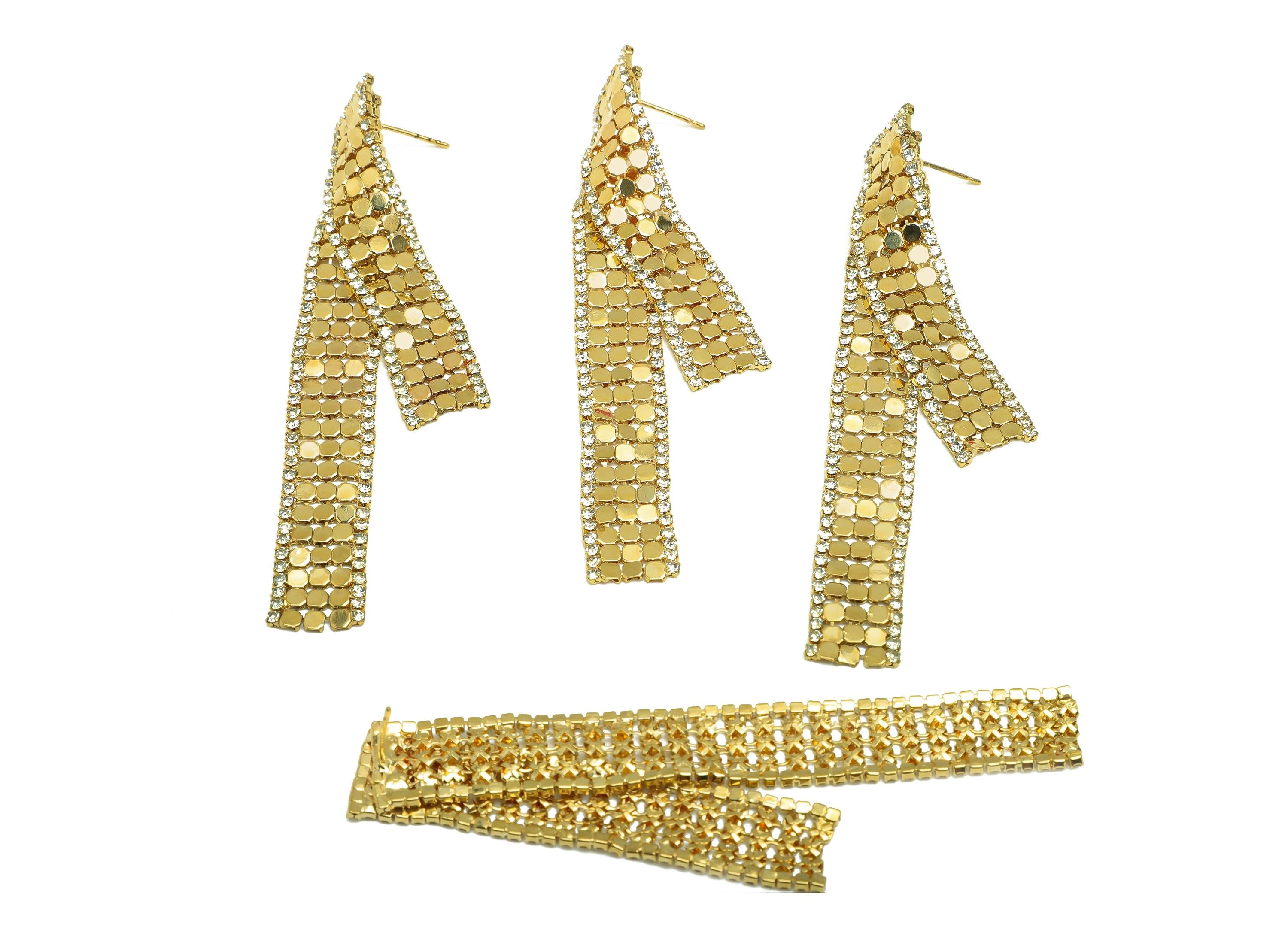 Brass Rectangle Earring Post - Gold Rectangle CZ Mesh Earring Stud - Zircon Rectangle Earring Post - 18K Real Gold Plating - 80mm - RGP7728 - DOMEDBAZAAR