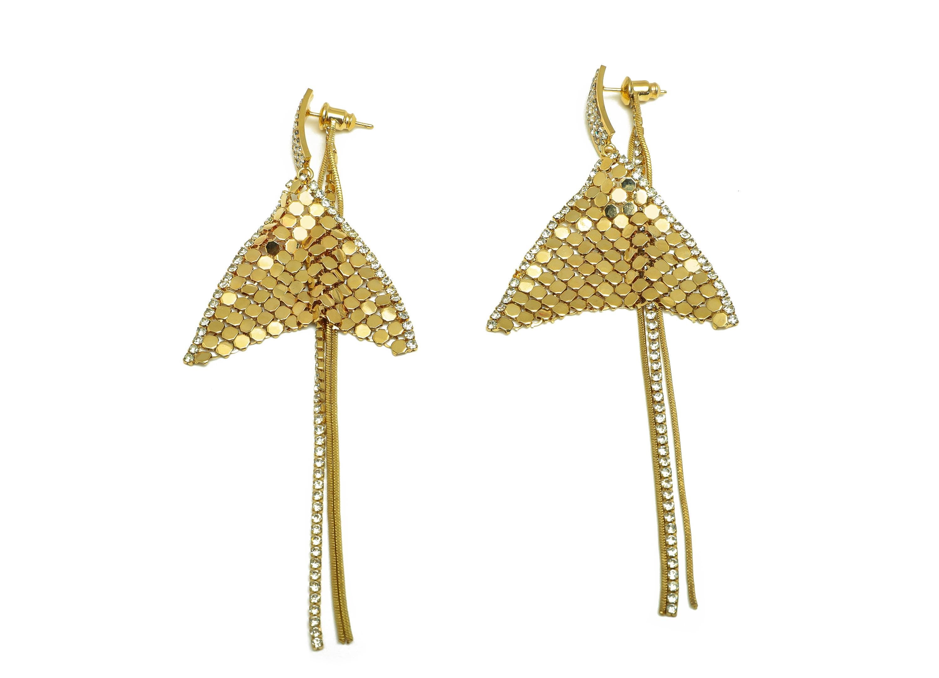 Brass Rectangle Earring - Gold Triangle CZ Mesh Earring Stud - Zircon Snake Chain Tassel Ear Stopper - 18K Real Gold Plated- 105mm - RGP7730 - DOMEDBAZAAR