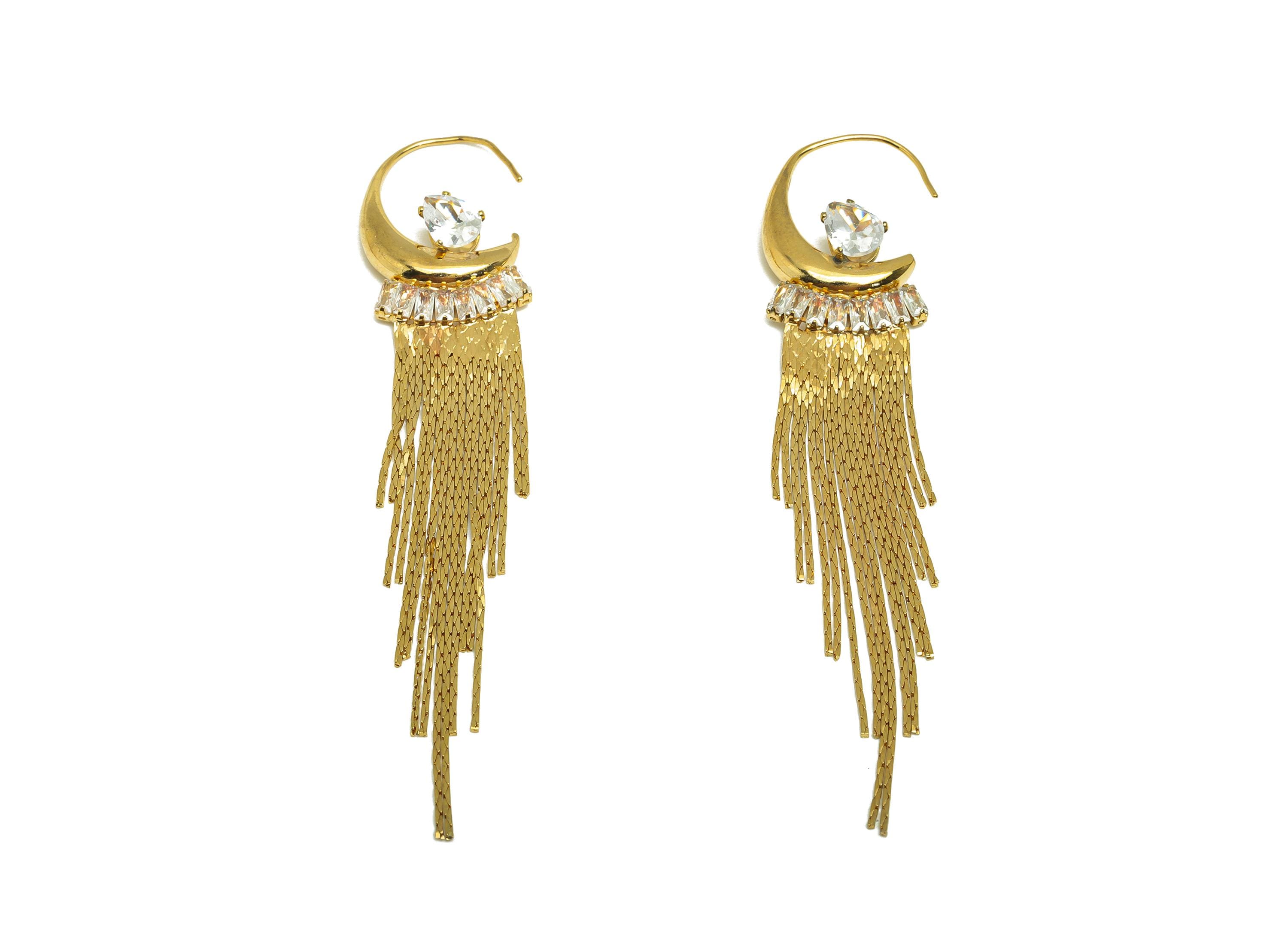 Brass CZ Tassel Earring - Cubic Zircon Drop Snake Chain Earring Wire - Zircon Tassel Earring Wire - 18K Real Gold Plating - 95mm- RGP7732 - DOMEDBAZAAR