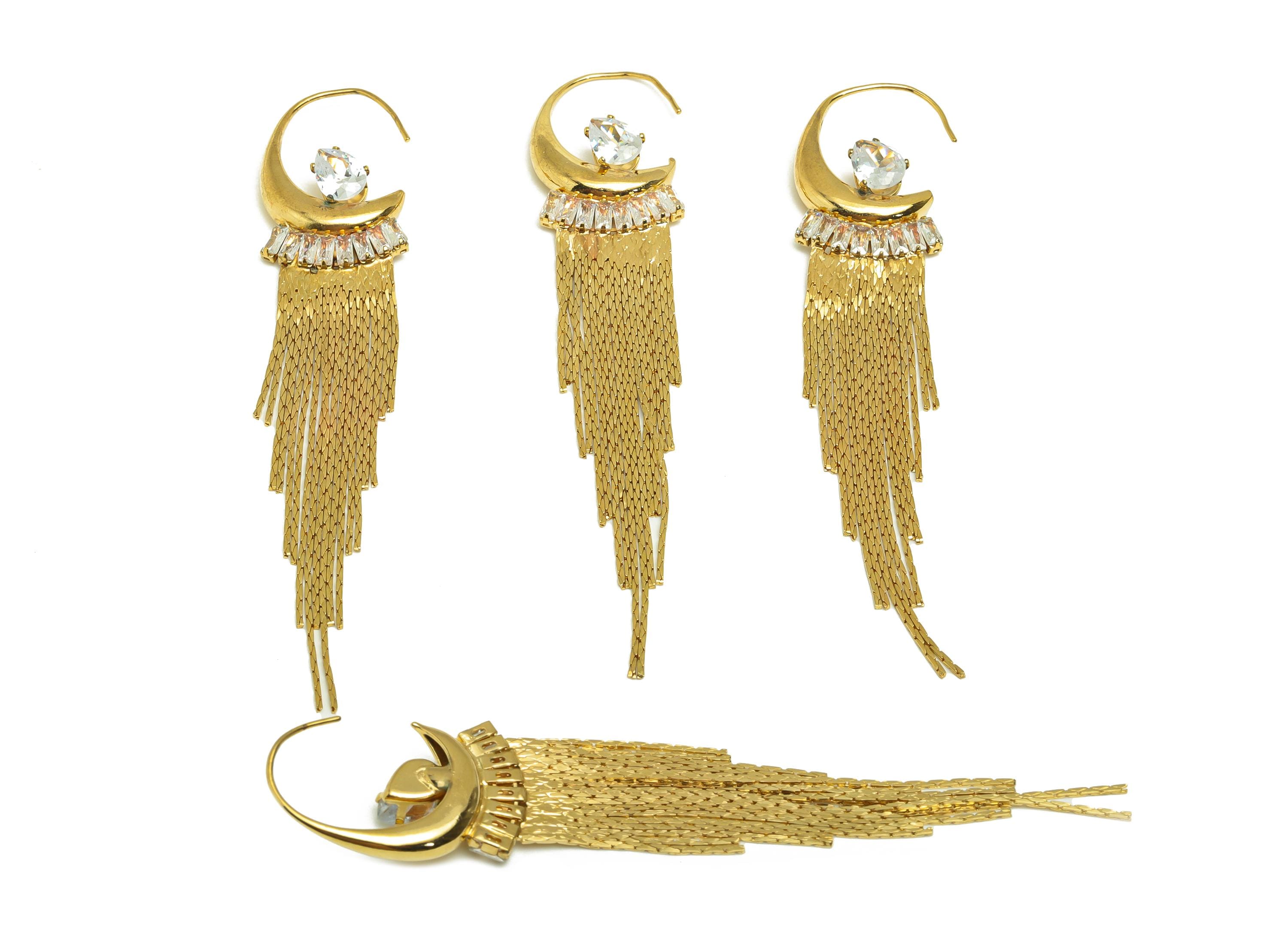 Brass CZ Tassel Earring - Cubic Zircon Drop Snake Chain Earring Wire - Zircon Tassel Earring Wire - 18K Real Gold Plating - 95mm- RGP7732 - DOMEDBAZAAR