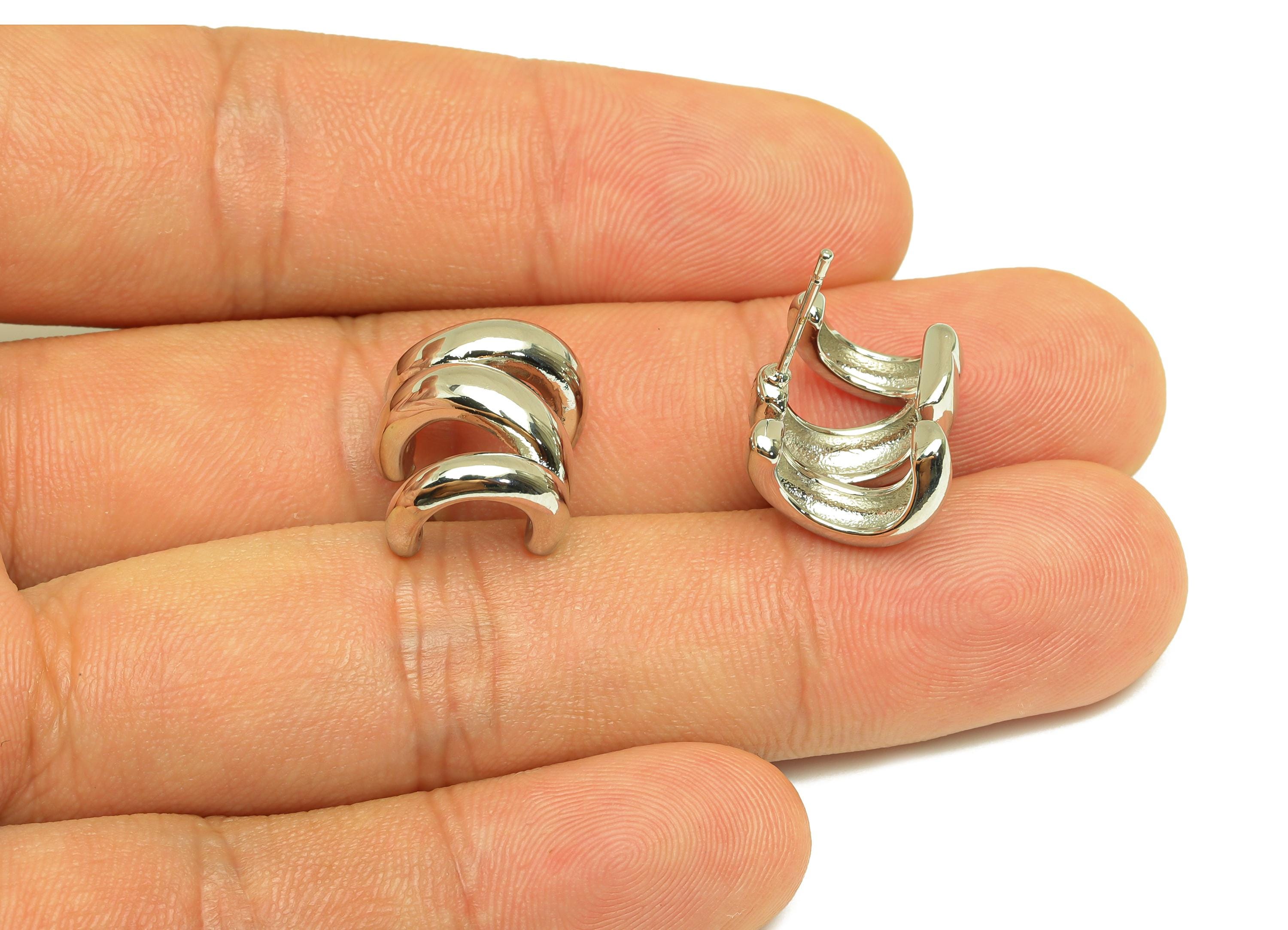 Brass Open Round Earring - Textured C Circle Earring Post - White Thick Round Ear - 18K Real White Gold Plated - 20.8x13.3x14.52mm - RGP7733 - DOMEDBAZAAR