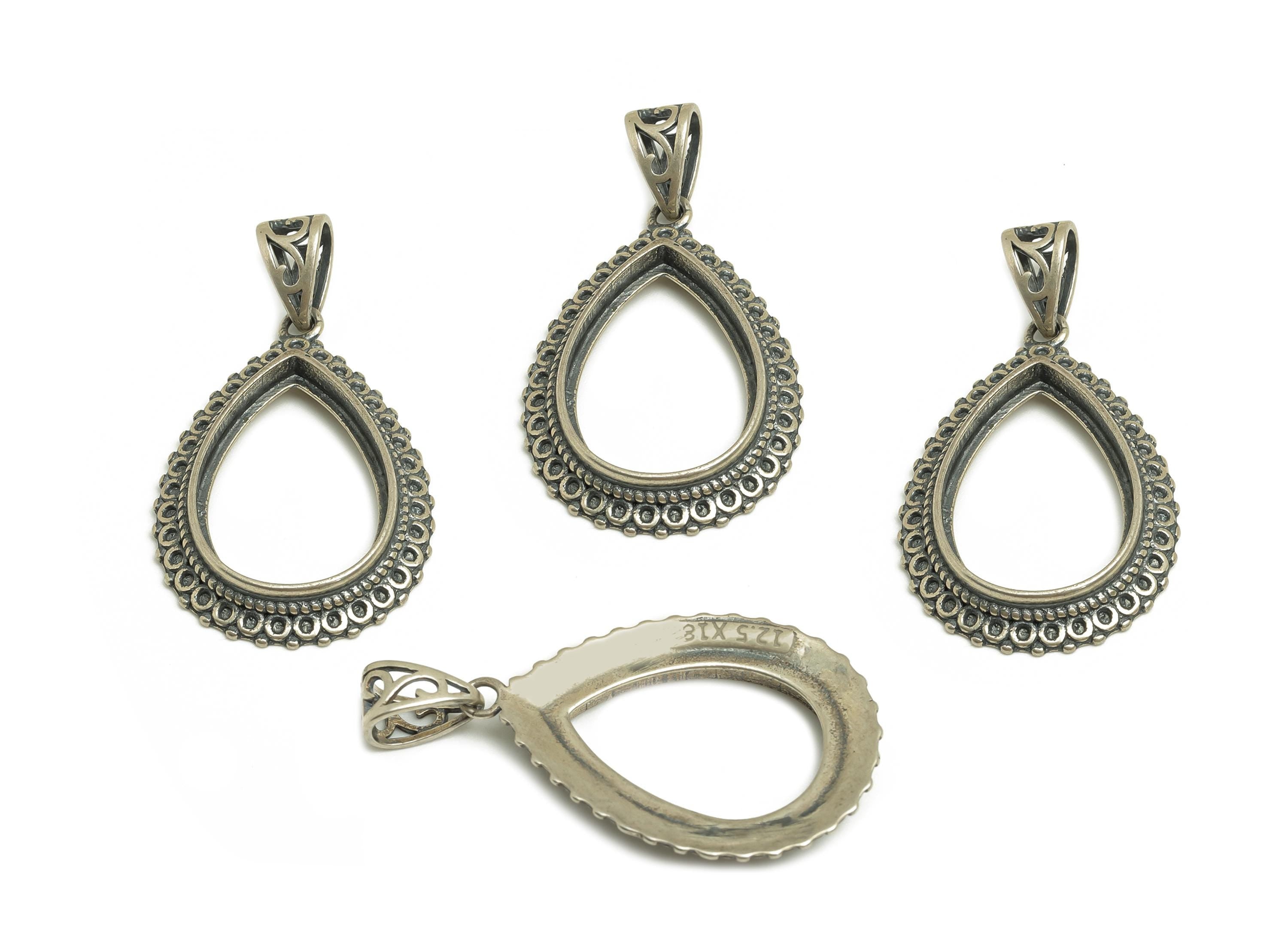 12.5x18mm Drop Pendant Setting - Teardrop Blank Pendant - Vintage Black Pendant - Silver Pattern Pendant - 925 Silver Sterling - RGP7449 - DOMEDBAZAAR