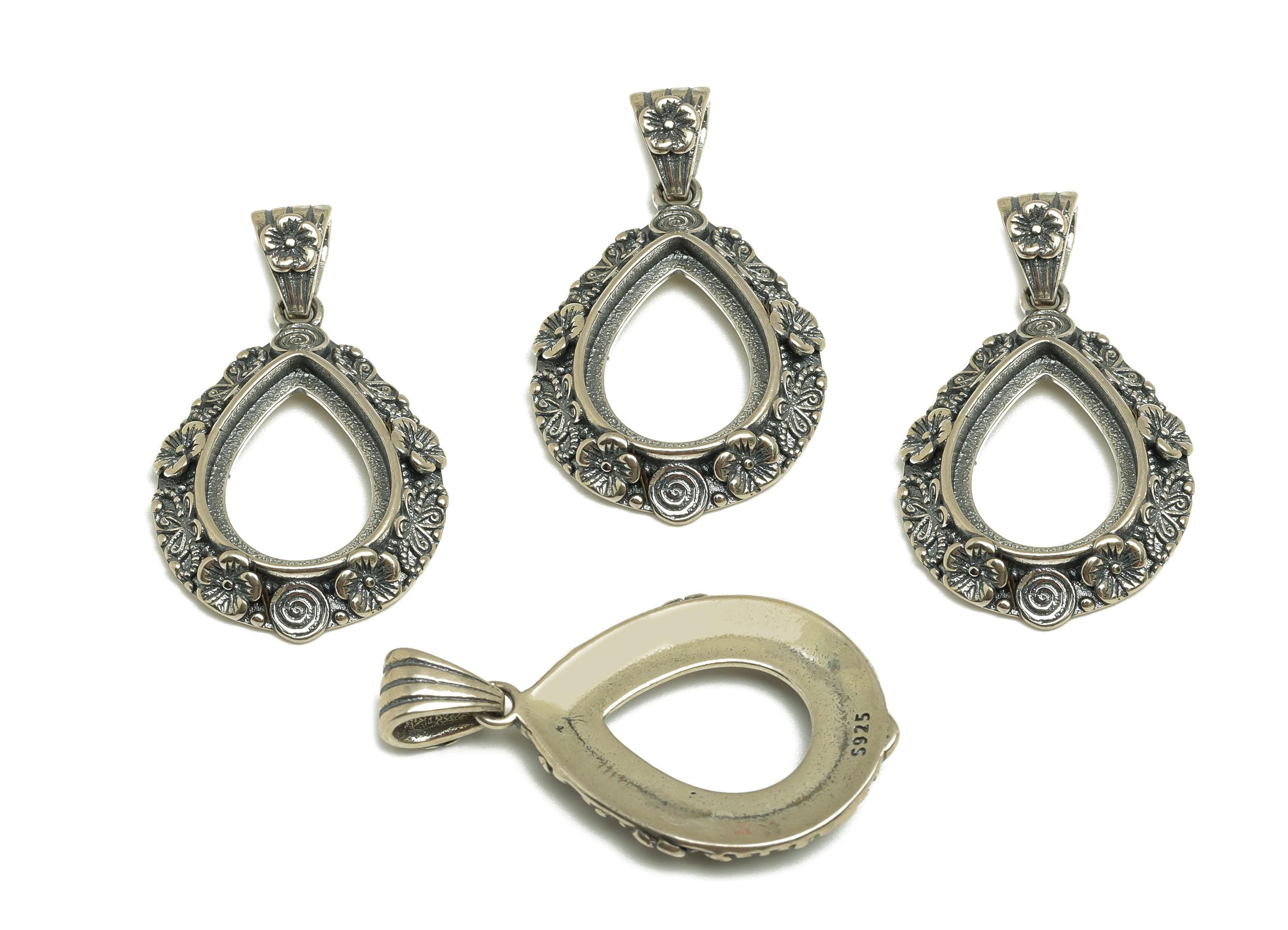 12x16mm Drop Pendant Setting - Daisy Pendant Blank - Butterfly Blank Pendant - Vintage Snail Pattern Pendant - 925 Silver Sterling - RGP7447 - DOMEDBAZAAR